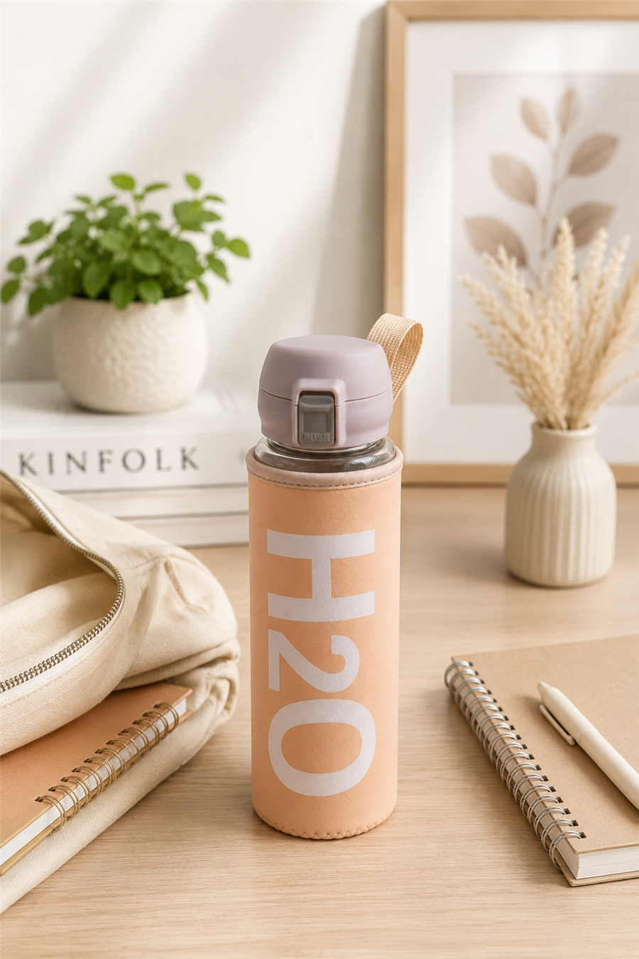 H2O Yazılı Kılıflı Kilit Kapak 500 ml Cam Matara  – Açık Pembe