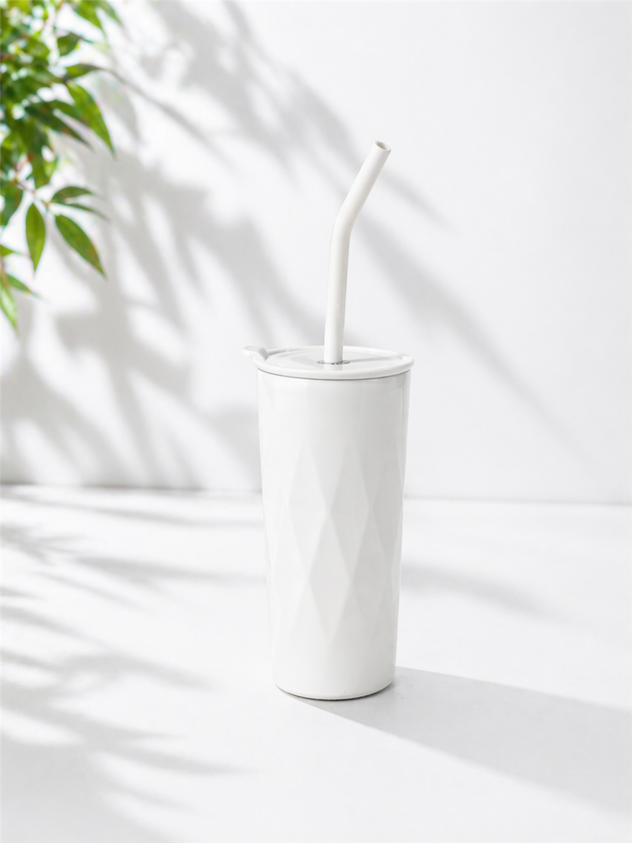 H2O Detoks Hazneli Çelik Pipetli Termos Kupa – Beyaz