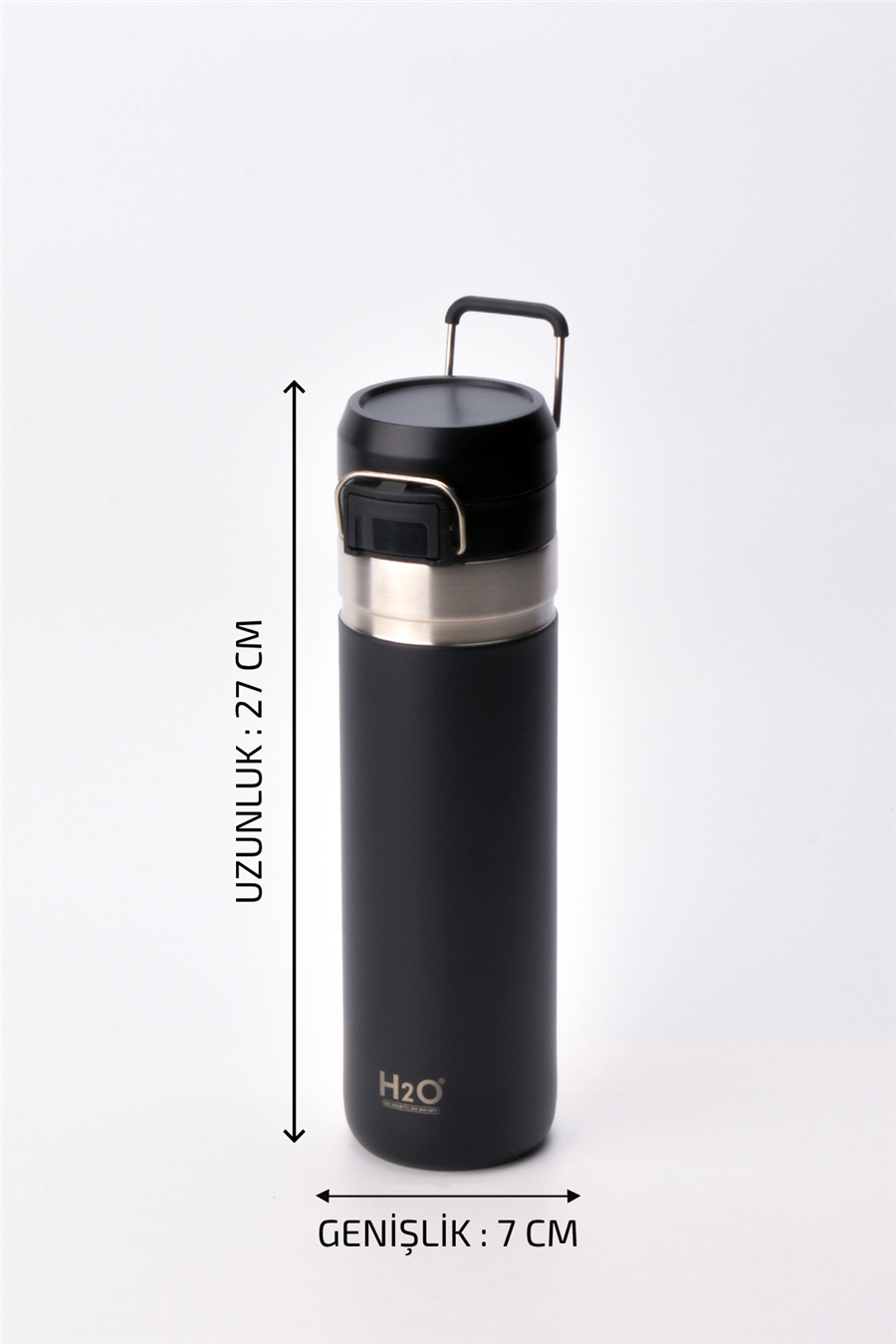 H2O Kulplu Çelik Termos Matara 1 L – Siyah