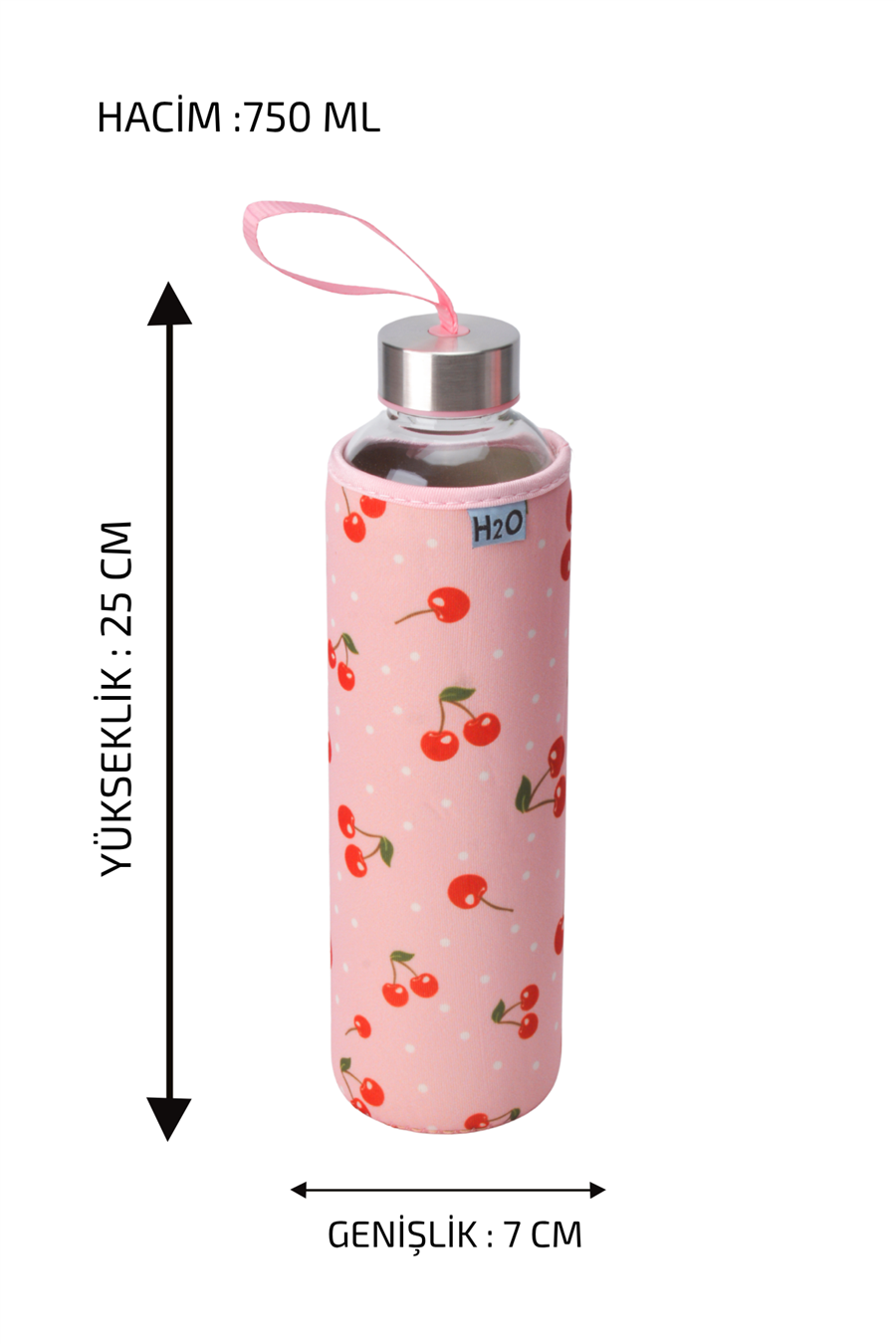 H2O Desenli Kilifli 750 Ml Cam Matara * Kiraz