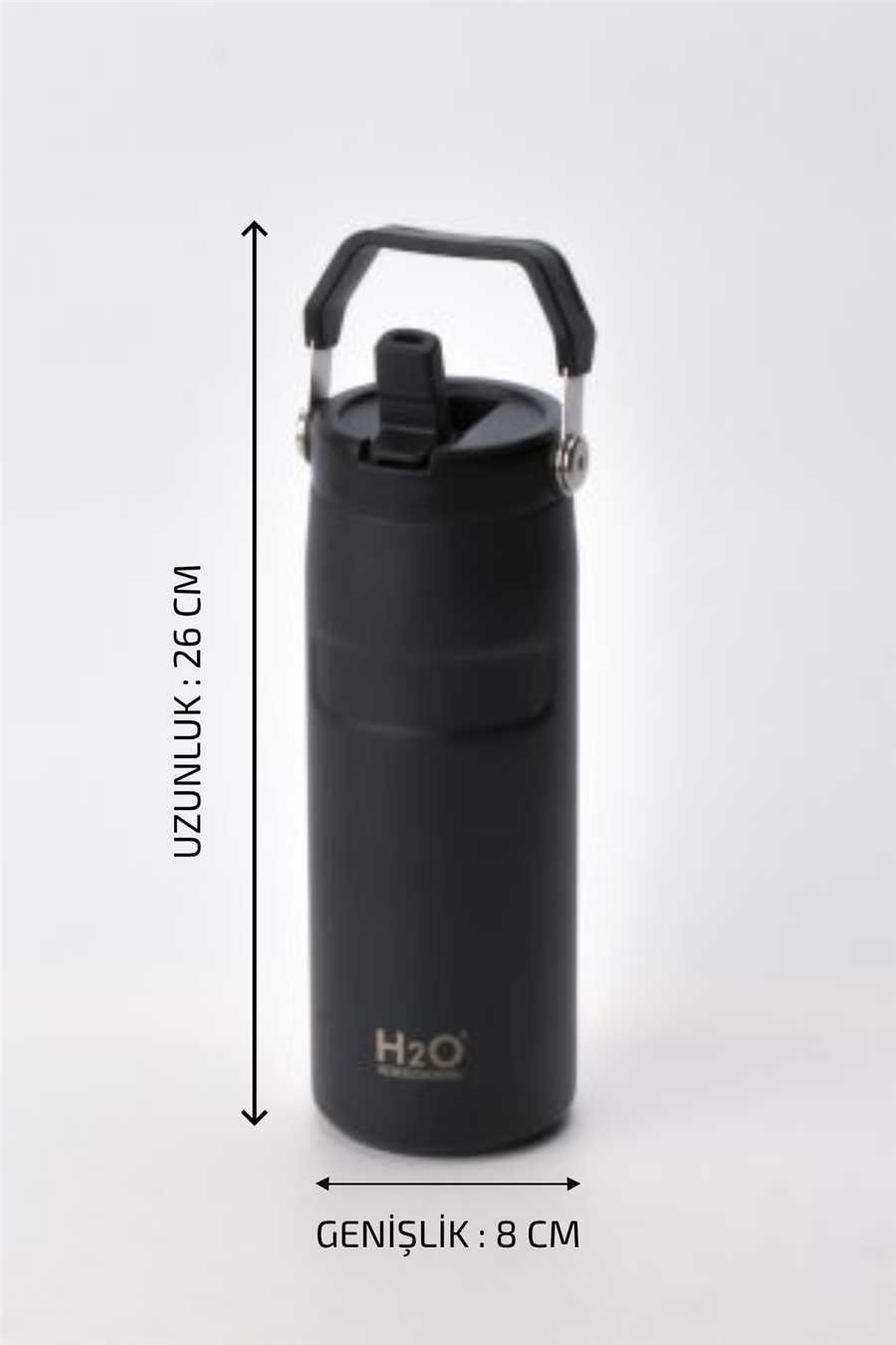 H2O Kulplu Pipetli Termos Matara 480 ml – Siyah