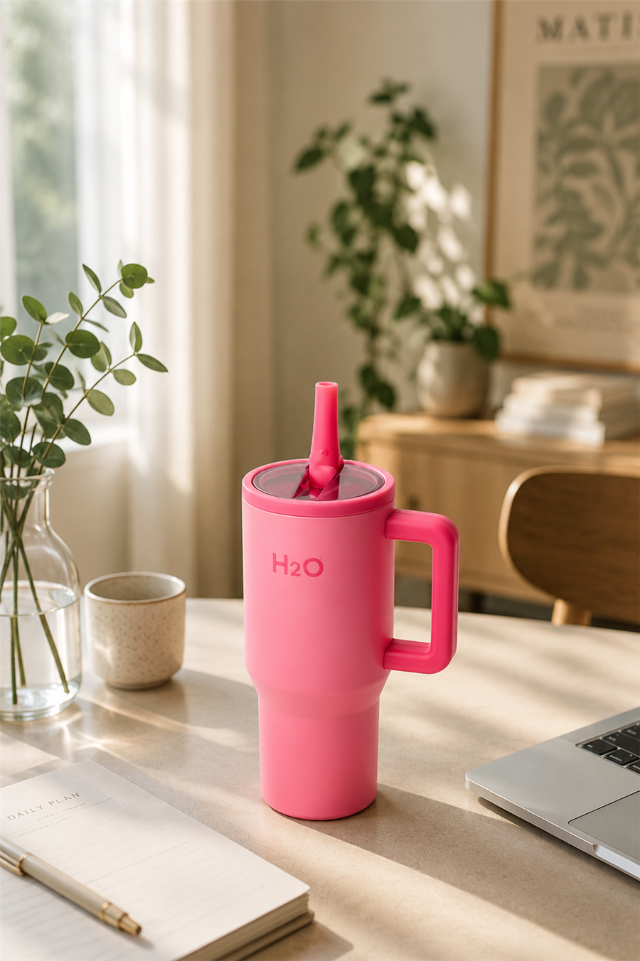 H2O Kulplu Pipetli Çelik Termos Kupa 600 ml – Pembe
