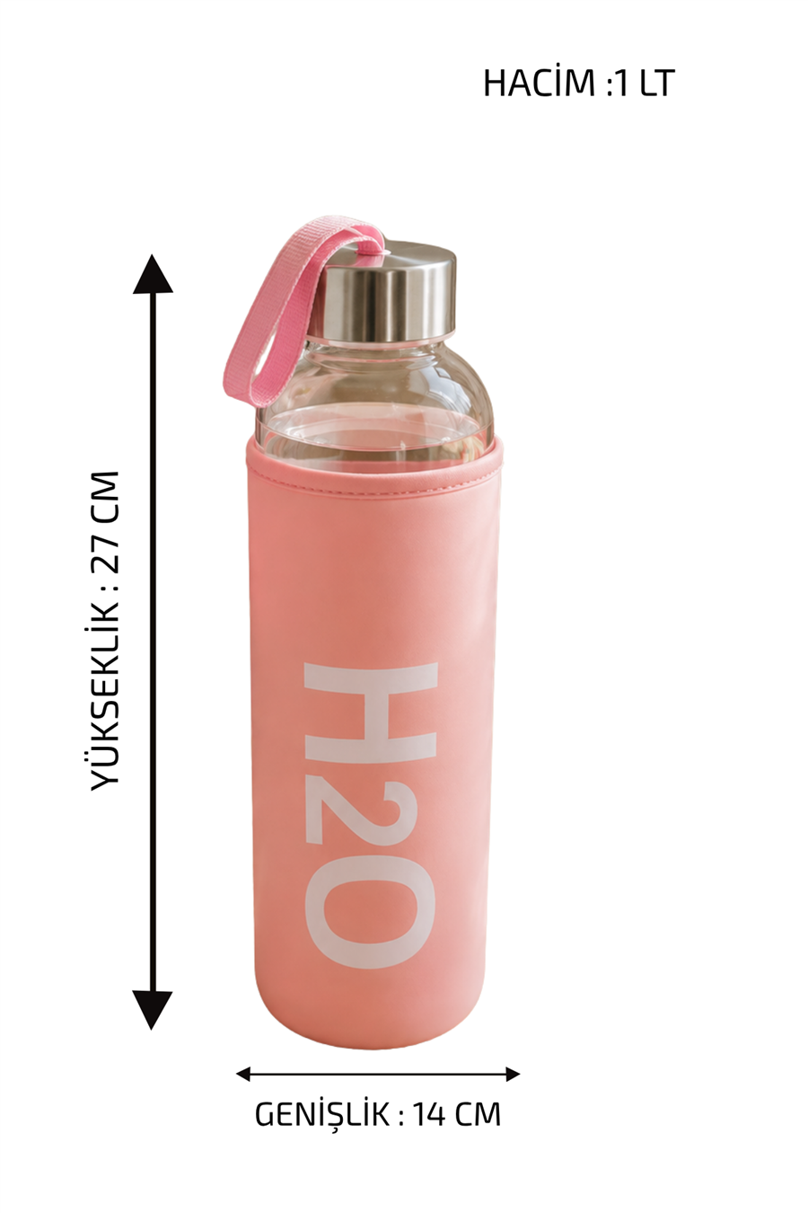 H2O Pastel Renkli Kılıflı Cam Matara 1L  – Pembe