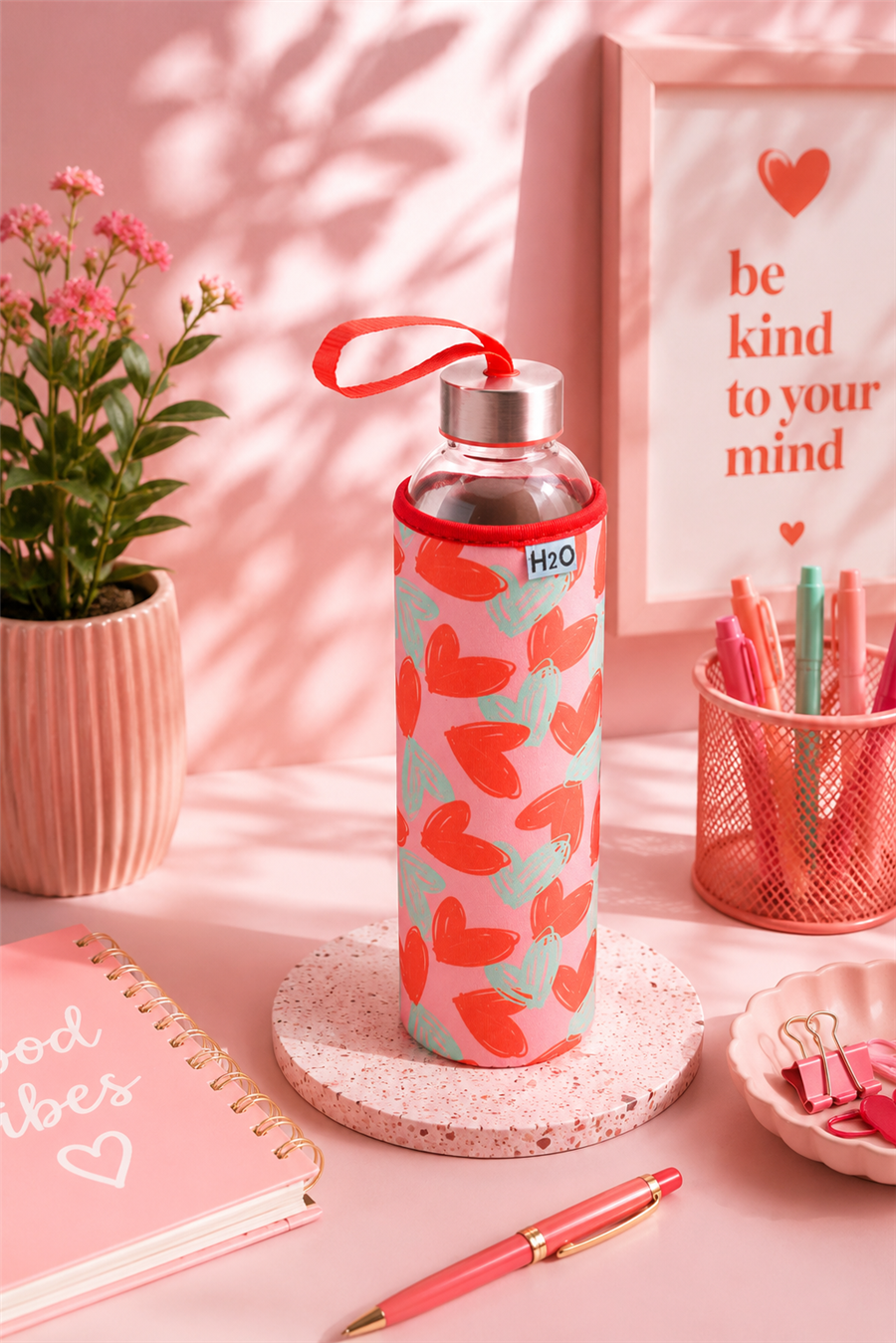 H2O Desenli Kilifli 750 Ml Cam Matara * Kalp