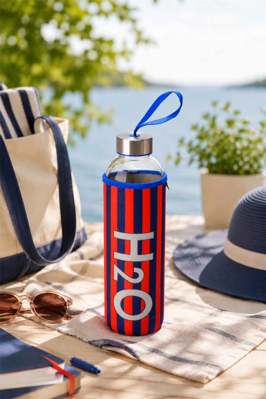 H2O Desenli Kilifli 750 Ml Cam Matara * Çizgi