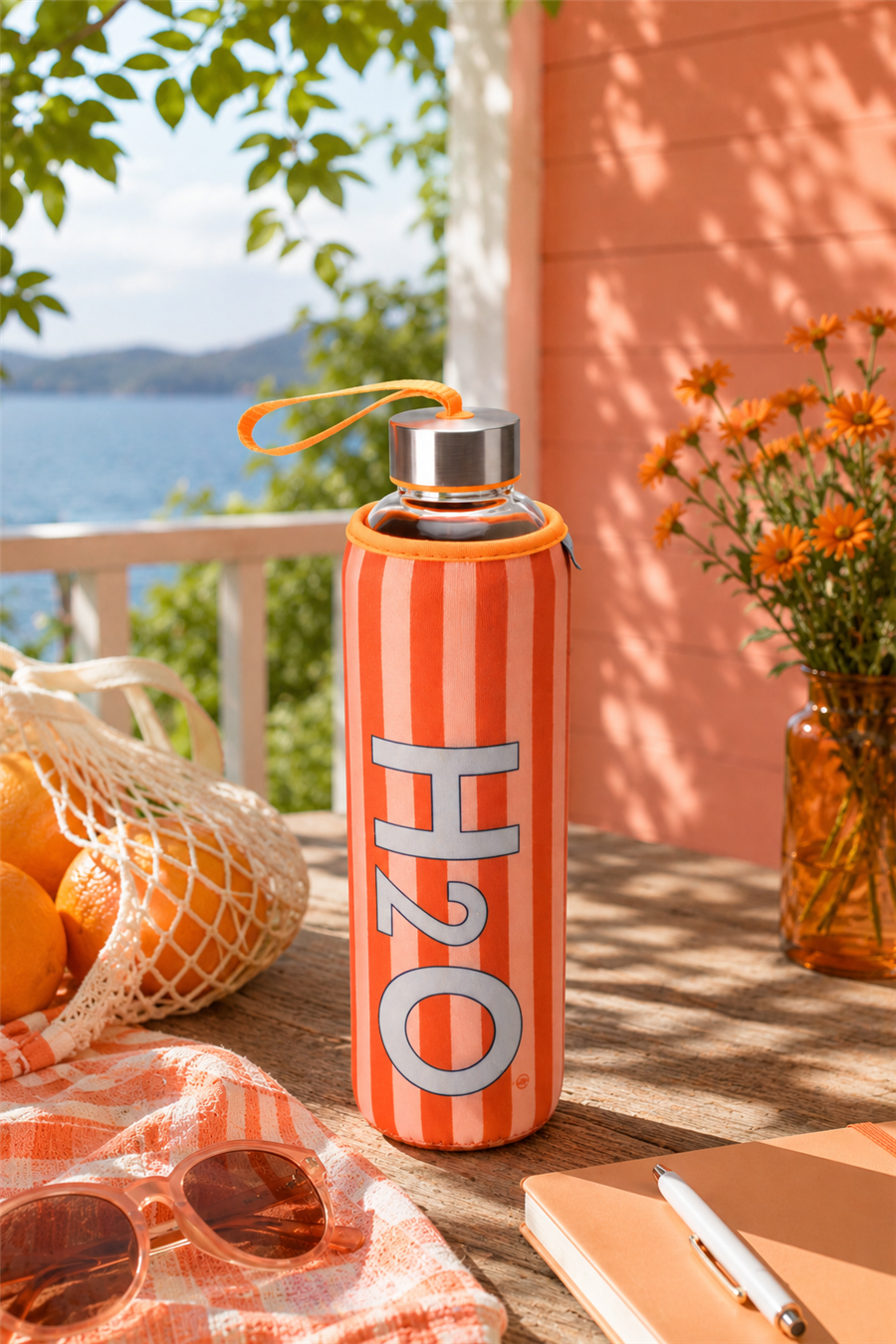 H2O Desenli Kilifli 750 Ml Cam Matara * Çizgi