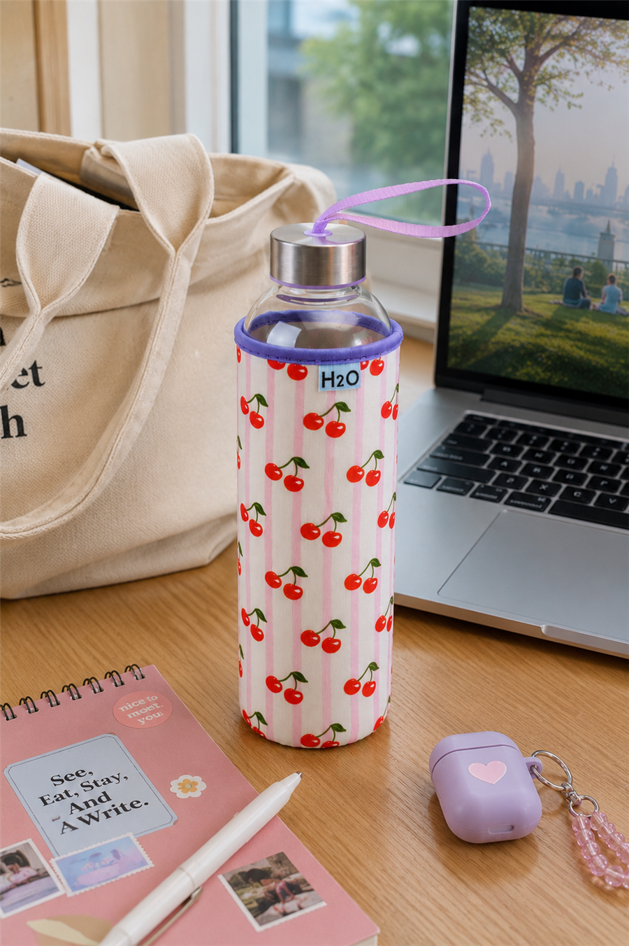 H2O Desenli Kilifli 750 Ml Cam Matara * Kiraz