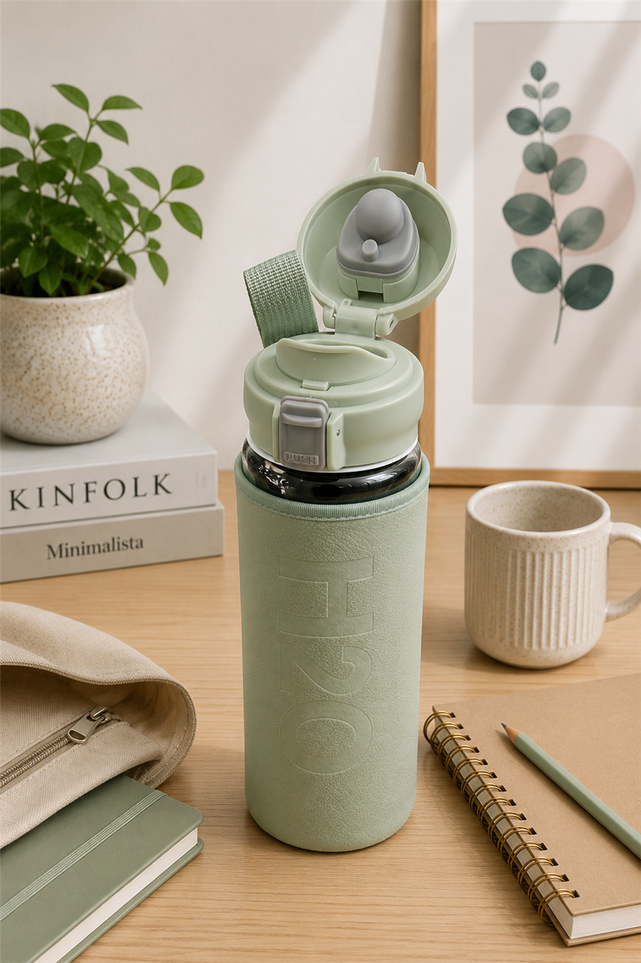 H2O Deri Kılıflı Kilit Kapak 500 ml Cam Matara  – Mint Yeşili