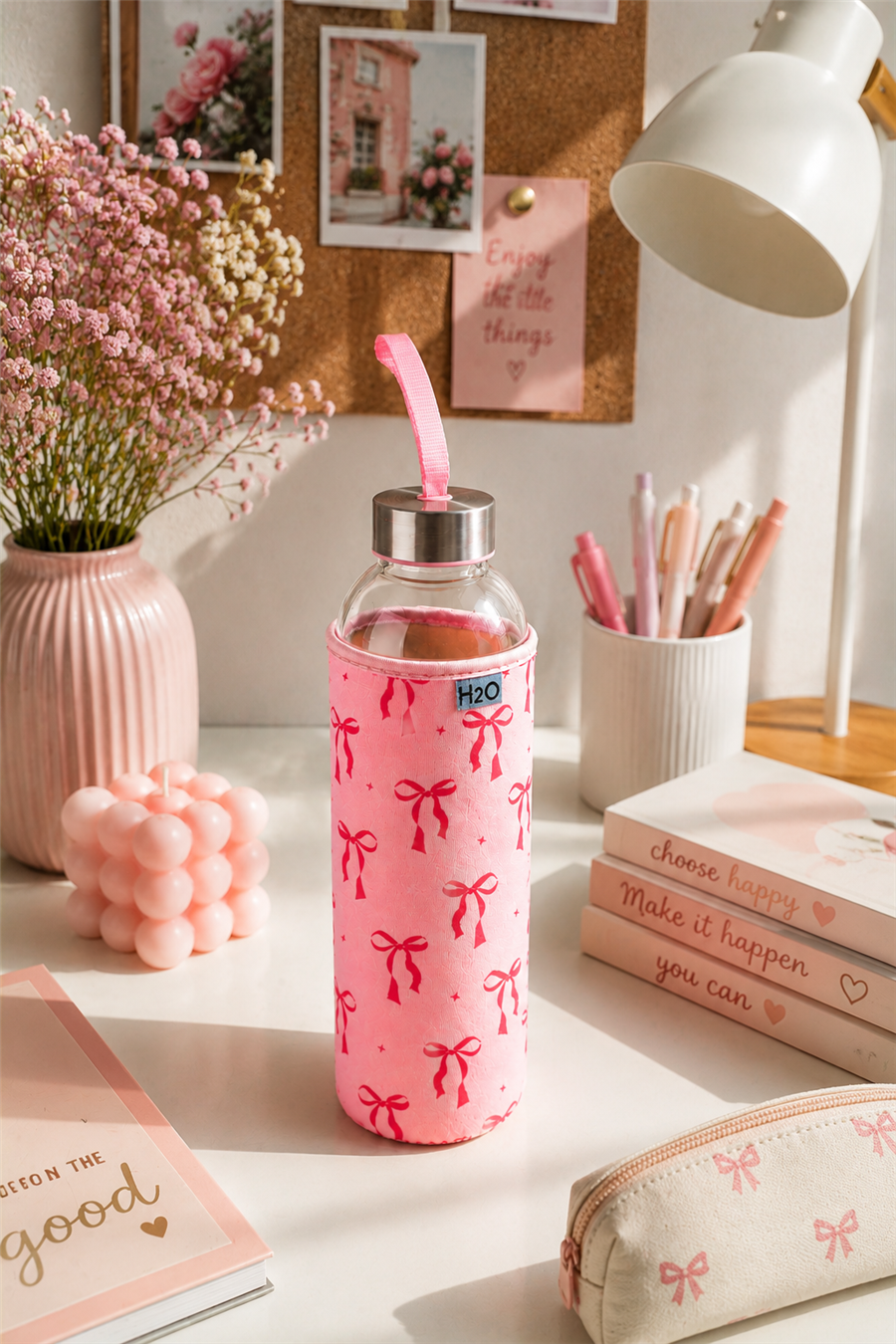 H2O Desenli Kilifli 750 Ml Cam Matara * Fiyonk