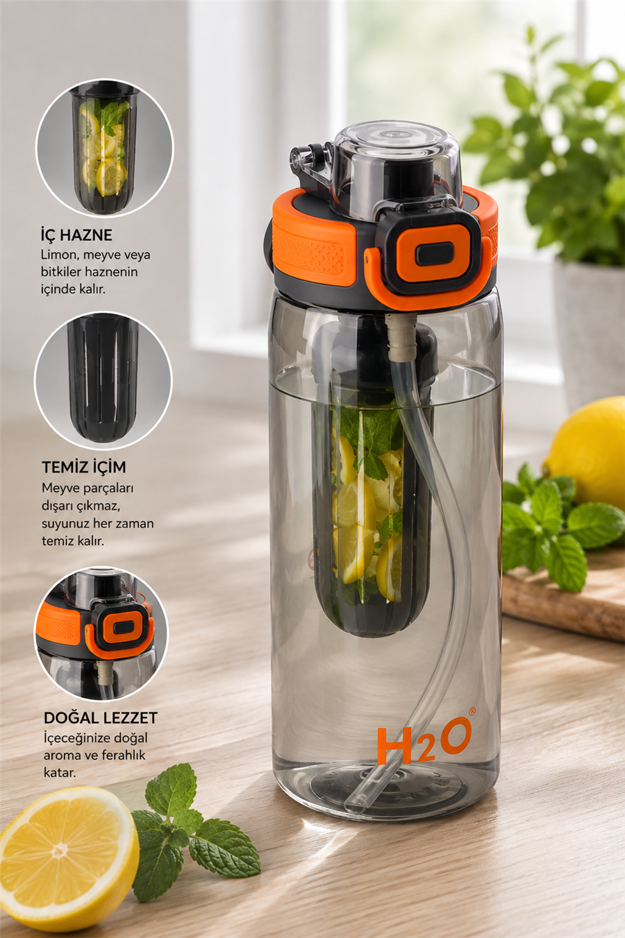 H2O İç Hazneli Tritan Matara 750 ml