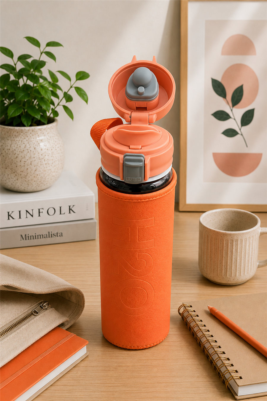 H2O Deri Kılıflı Kilit Kapak 500 ml Cam Matara  – Turuncu