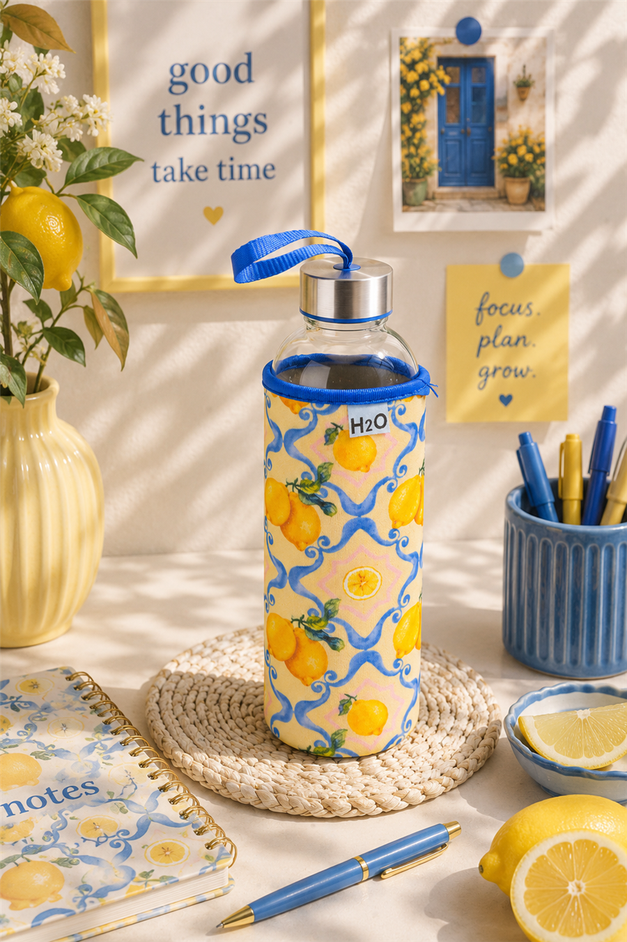 H2O Desenli Kilifli 750 Ml Cam Matara * Limon