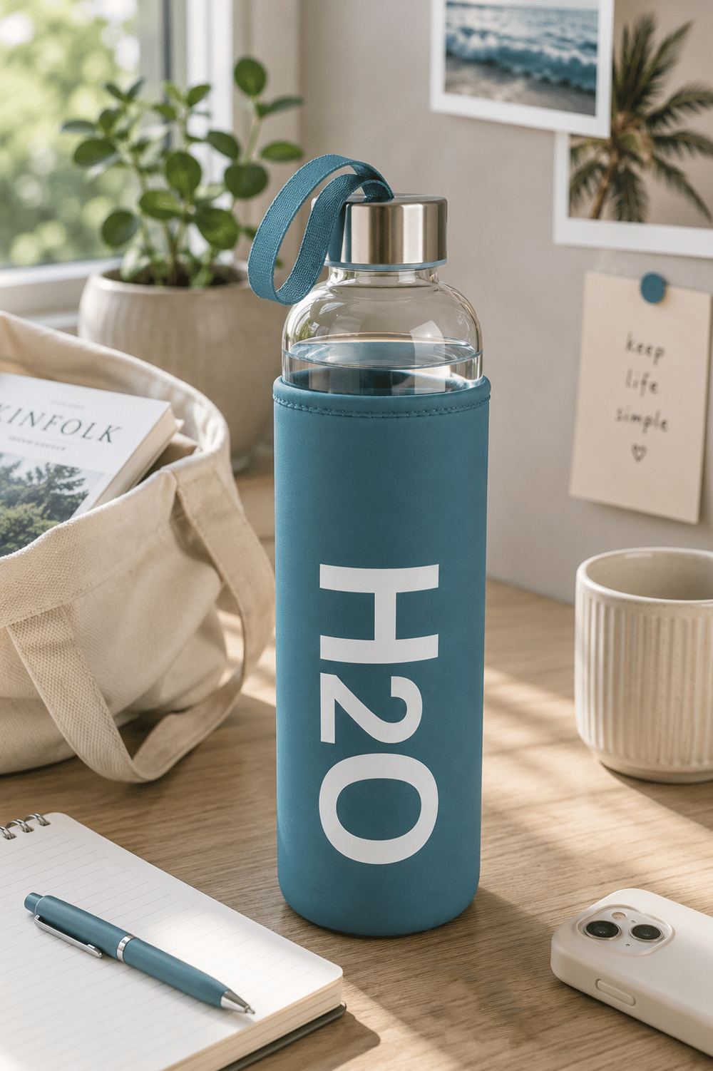 H2O Pastel Renkli Kılıflı Cam Matara 1L  – Mavi