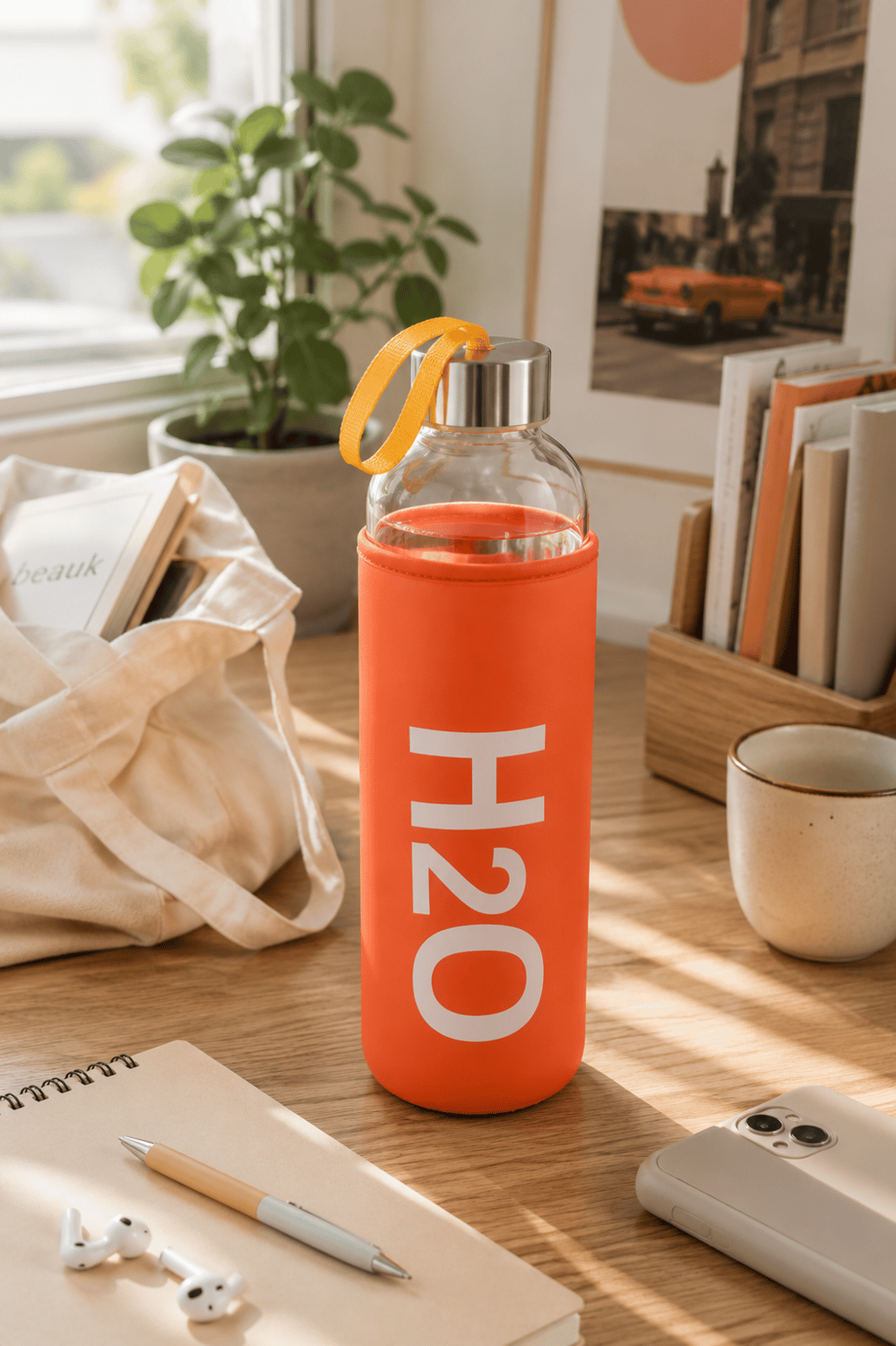 H2O Renkli Kılıflı Cam Matara 1L  –Turuncu