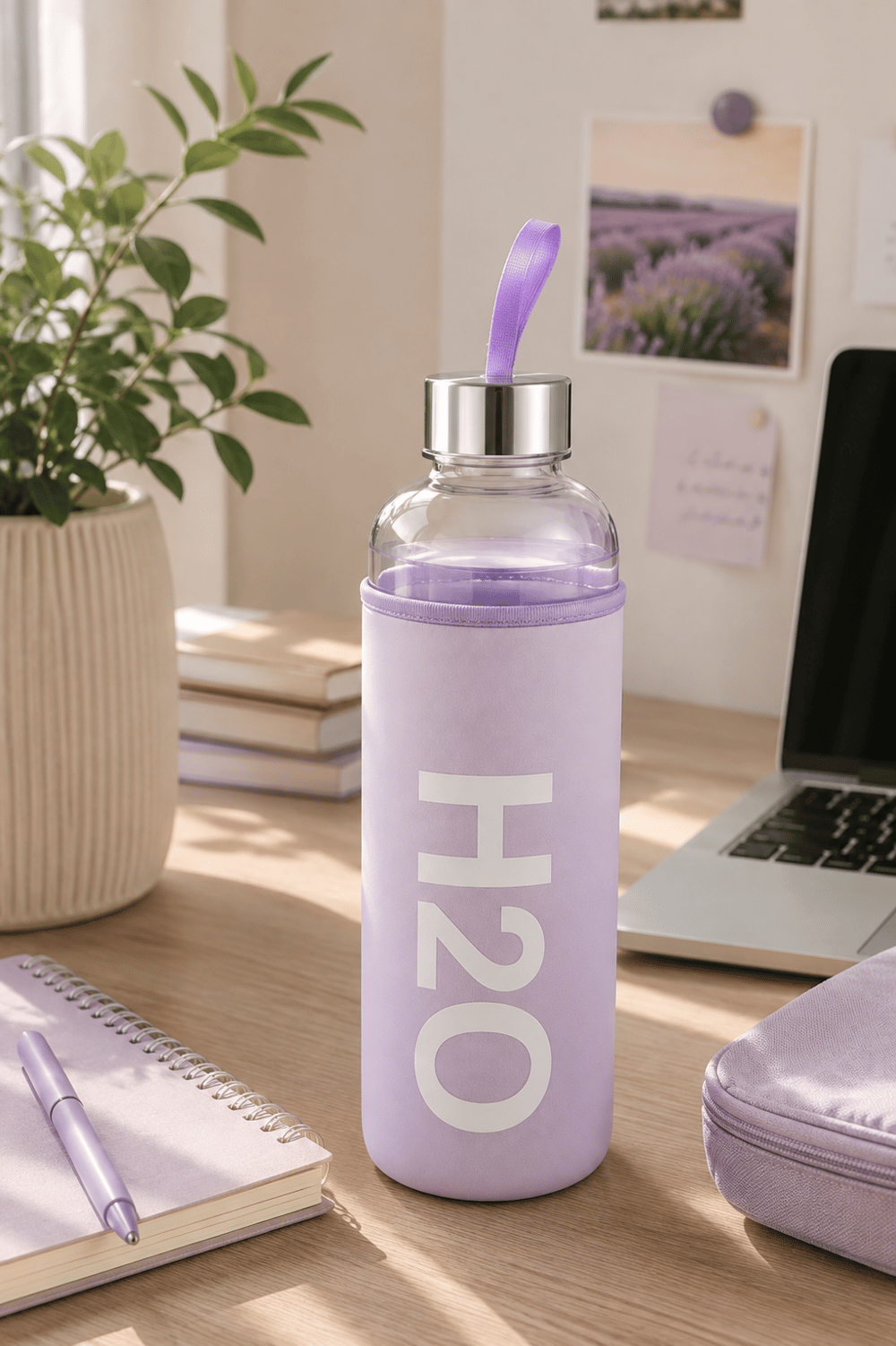 H2O Pastel Renkli Kılıflı Cam Matara 1L  – Lila