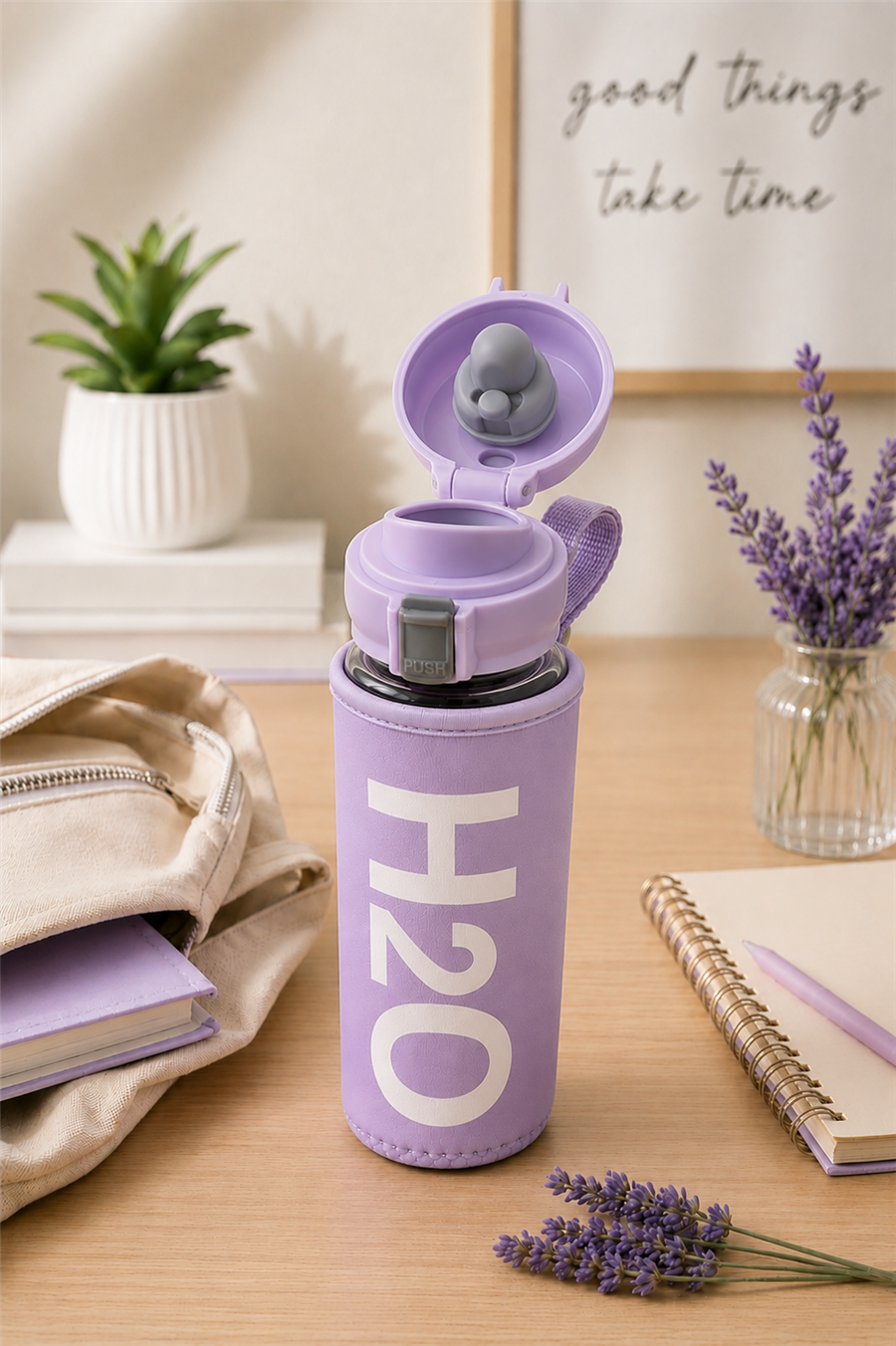 H2O Yazılı Kılıflı Kilit Kapak 500 ml Cam Matara  – Lila 