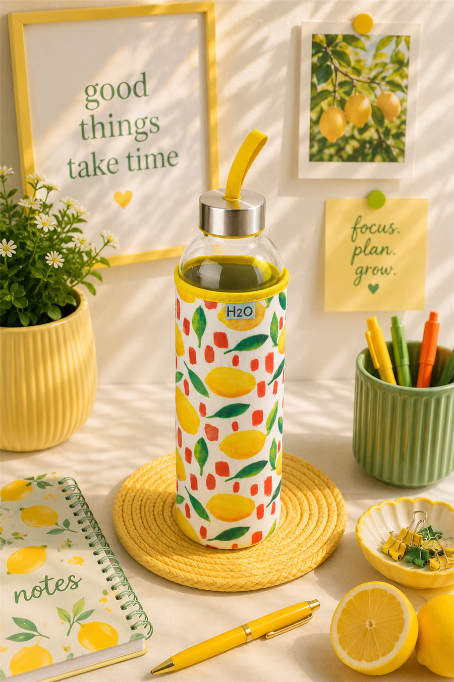 H2O Desenli Kilifli 750 Ml Cam Matara * Limon