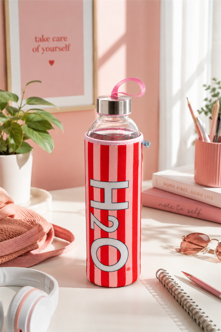 H2O Desenli Kilifli 750 Ml Cam Matara * Çizgi