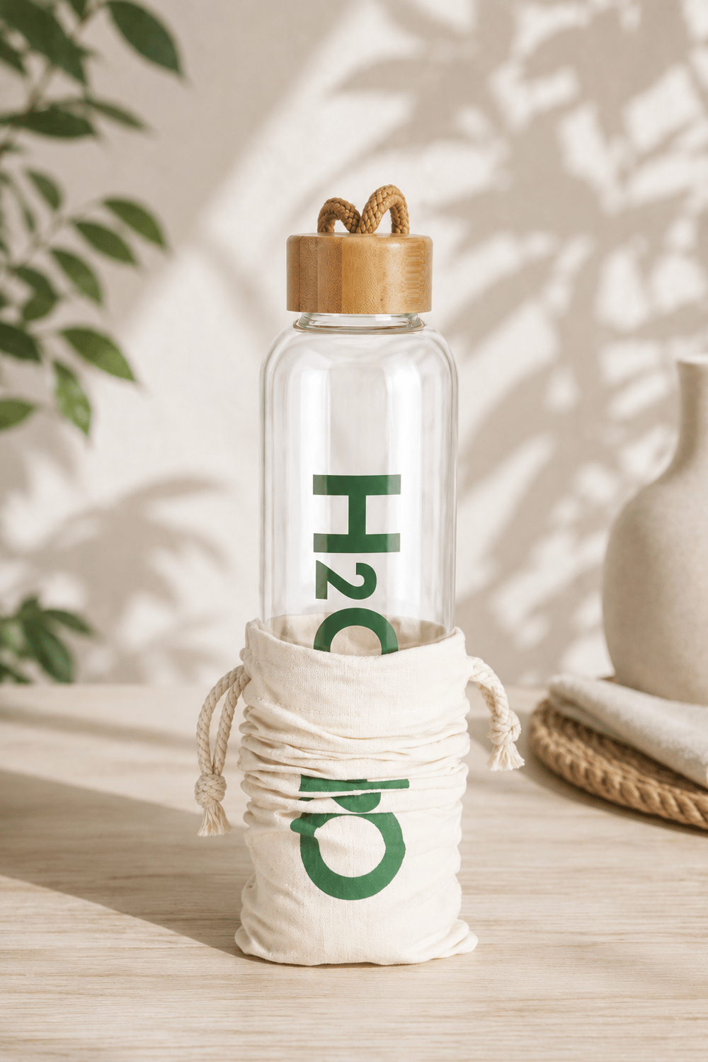 H2O Bambu Kapaklı Borosilikat Cam Matara – 600 ML