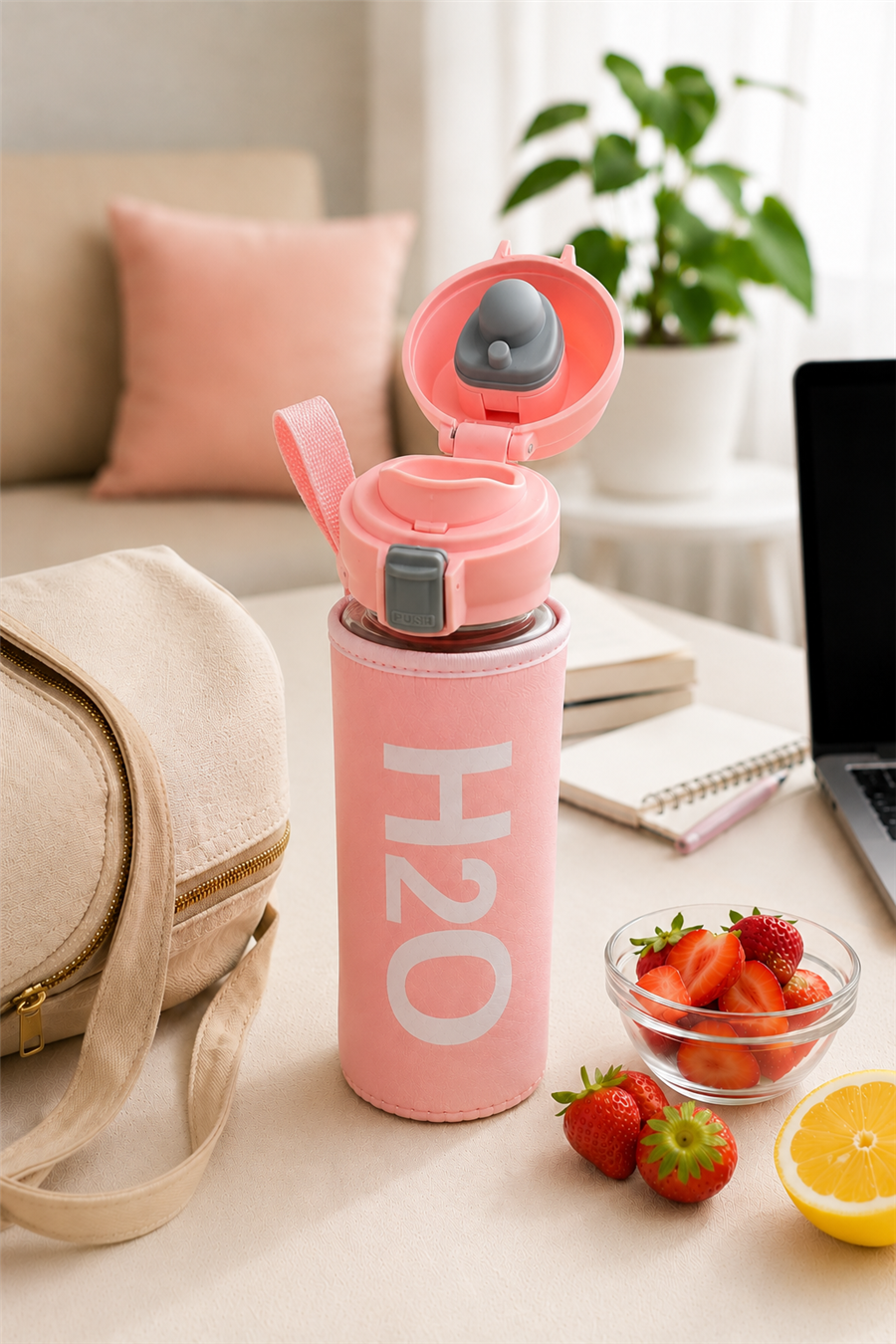 H2O Yazılı Kılıflı Kilit Kapak 500 ml Cam Matara  –  Pembe