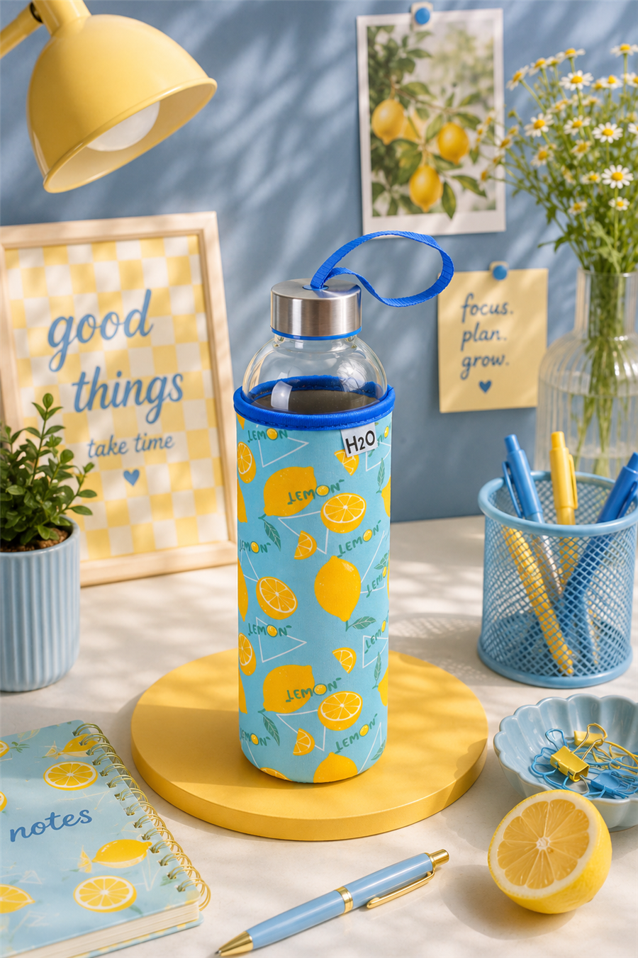 H2O Desenli Kilifli 750 Ml Cam Matara * Limon