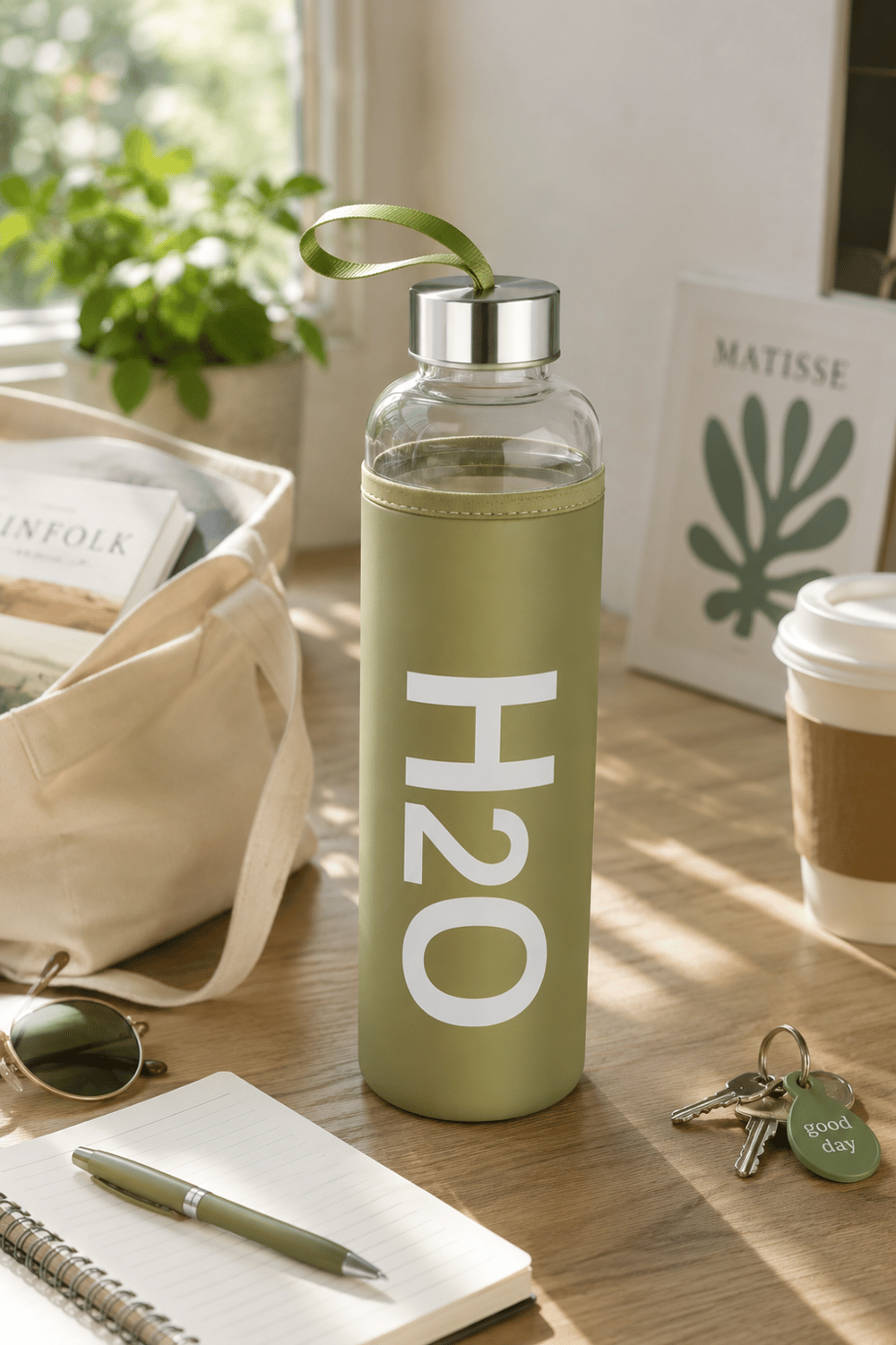 H2O Pastel Renkli Kılıflı Cam Matara 1L  – Yeşil