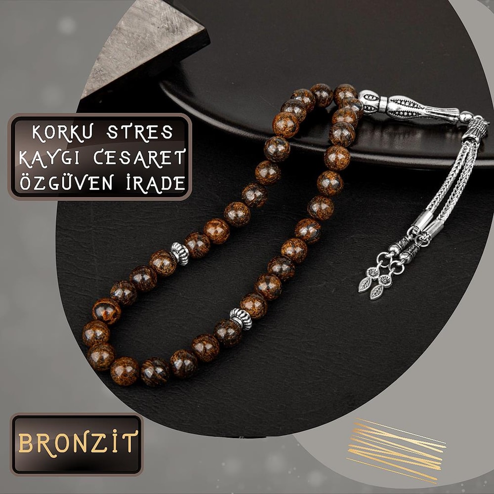 GİZEMLİ DOĞALTAŞ BRONZİT TESBİH (8 mm/33 lük) İSTİKRAR AZİM STRES KORKU KAYGIDAN ARINMA İRADE CESARET ÖZ GÜVEN