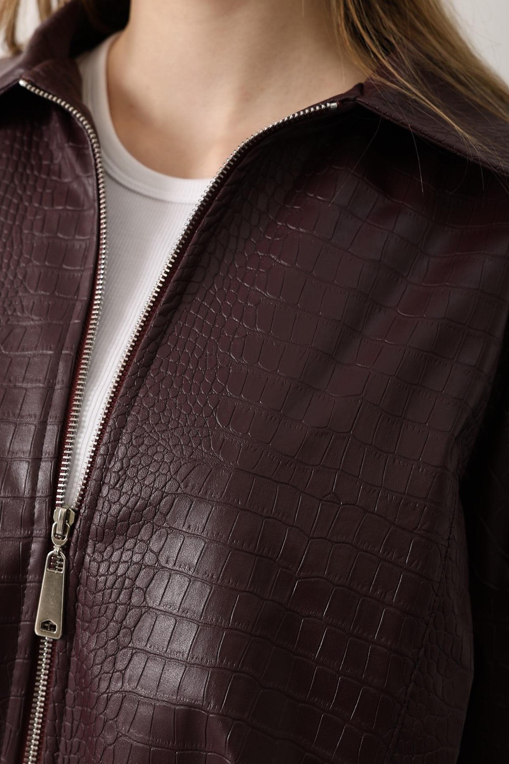 Bordo Kemerli Deri Bomber Ceket