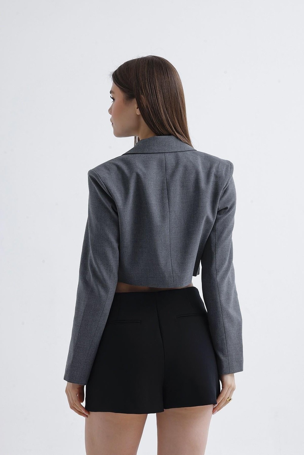 Vatkalı Crop Blazer Ceket Gri