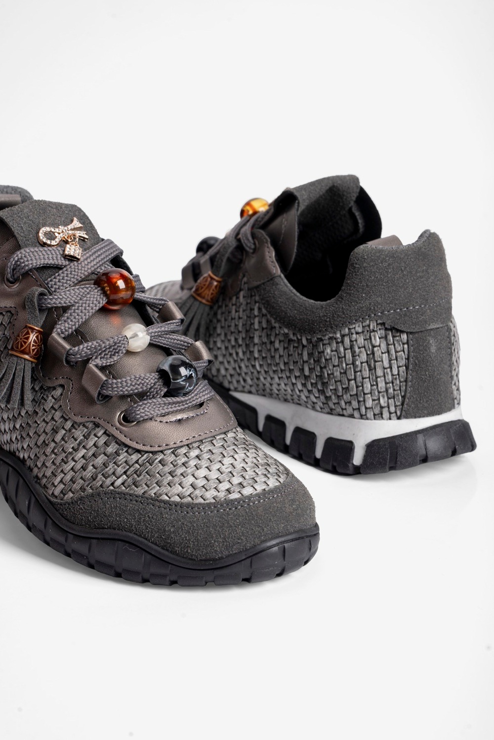 Kadın Hasır Sneaker Süet detaylı Boncuklu Calla Gri
