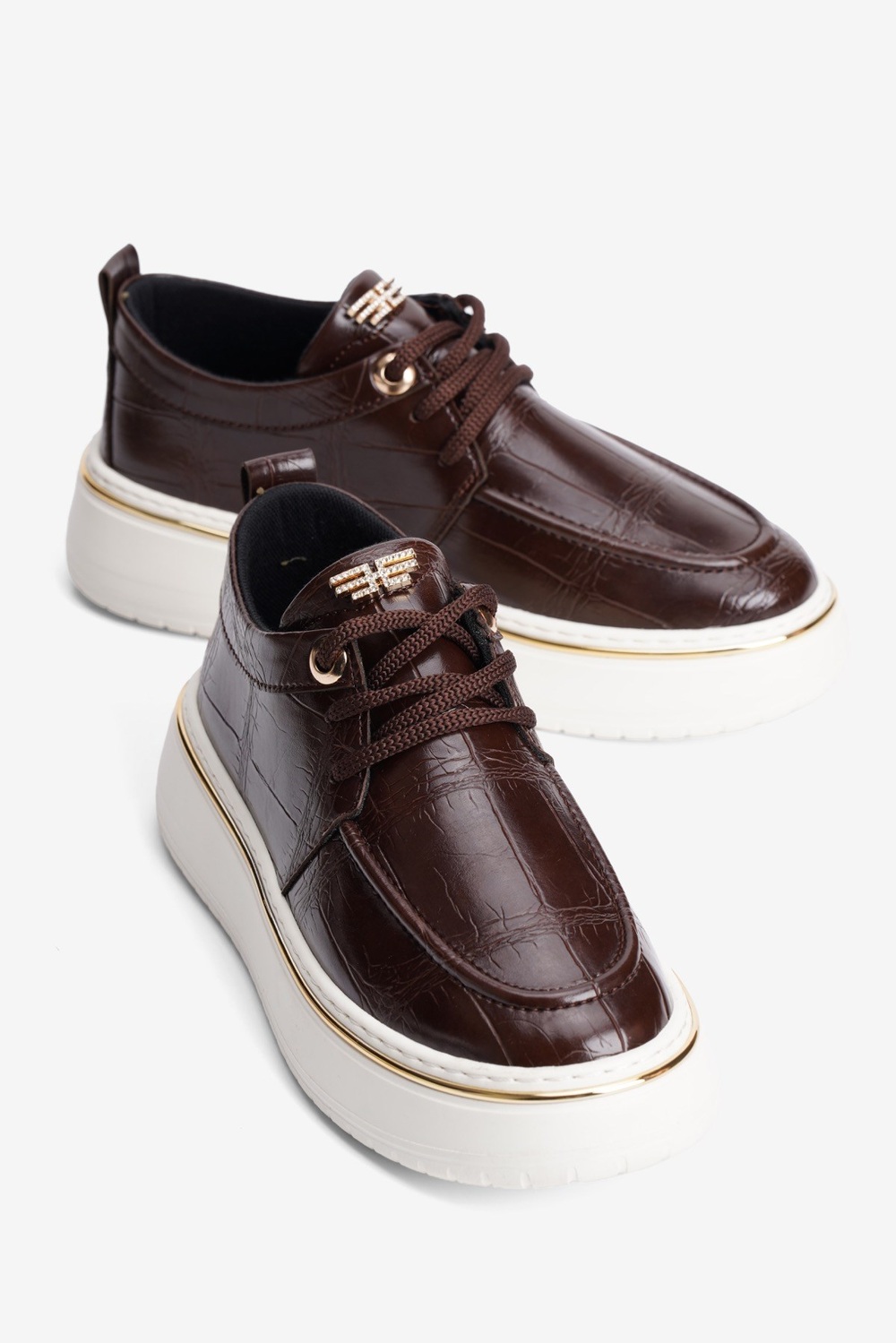 Kadın Kroko Sneaker Bağcıklı Altın Şerit Detaylı Zuri Kahverengi