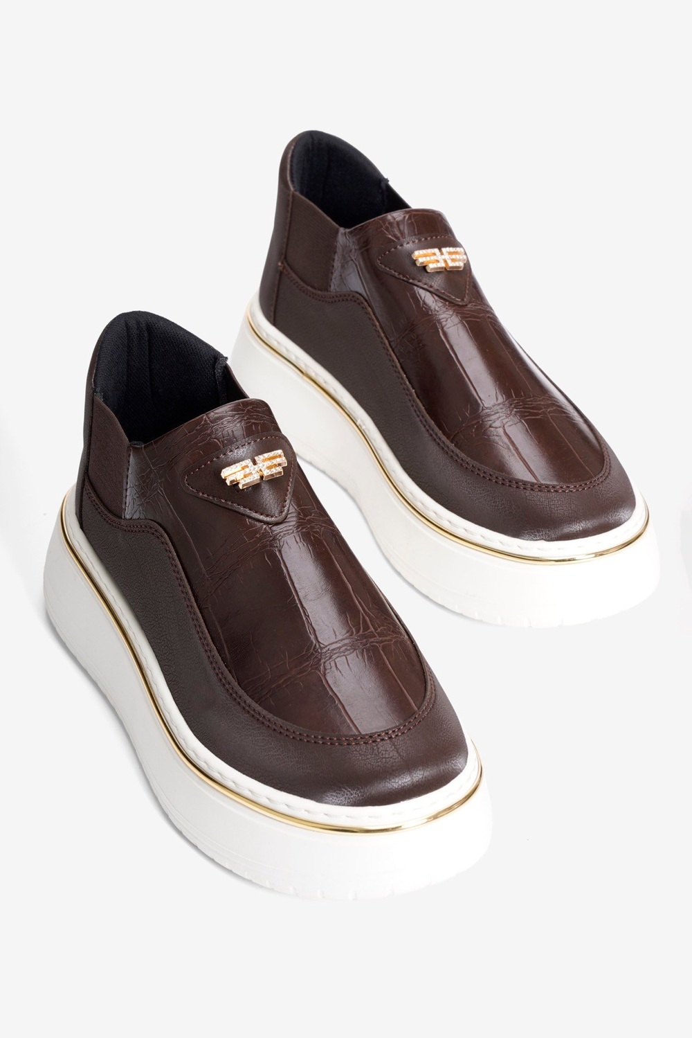 Kadın Kroko Sneaker Nubuk ve Lastik Detaylı Kalın Taban Enna Kahverengi