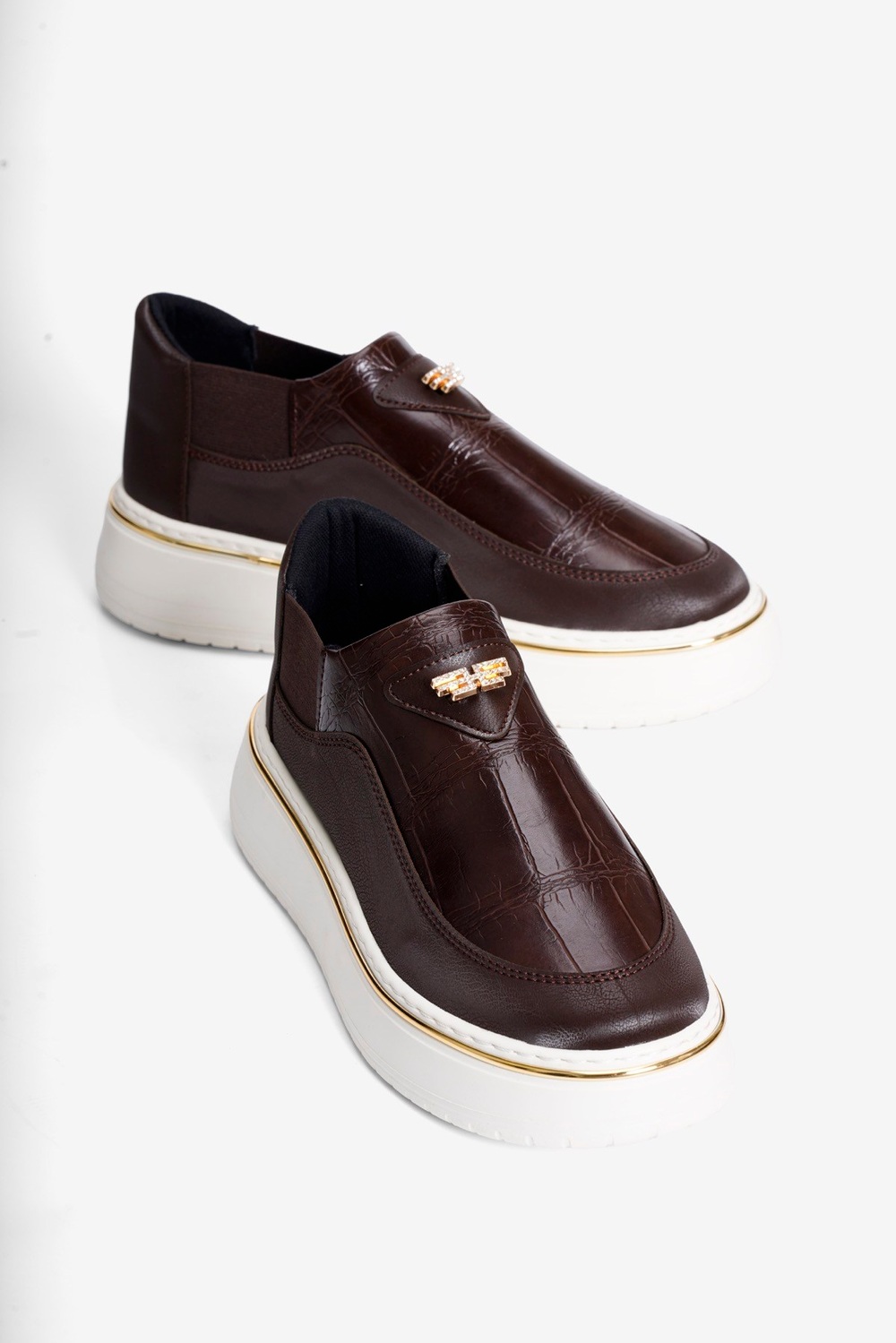 Kadın Kroko Sneaker Nubuk ve Lastik Detaylı Kalın Taban Enna Kahverengi