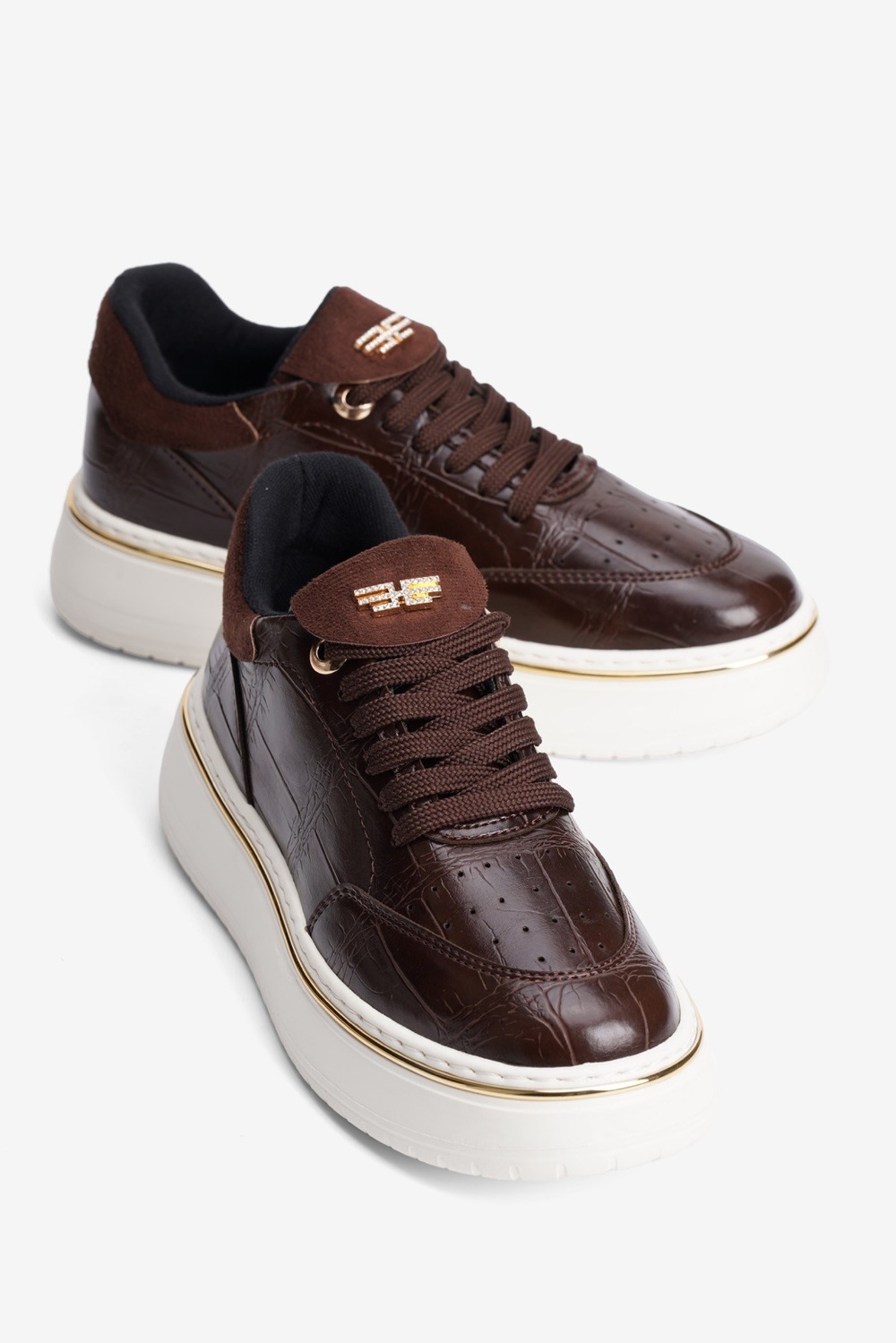 Kadın Kroko Sneaker Süet Detaylı Bağcıklı Kalın Taban Roko Kahverengi