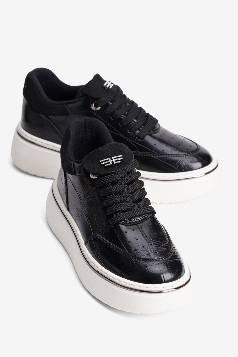 Kadın Kroko Sneaker Süet Detaylı Bağcıklı Kalın Taban Roko Siyah