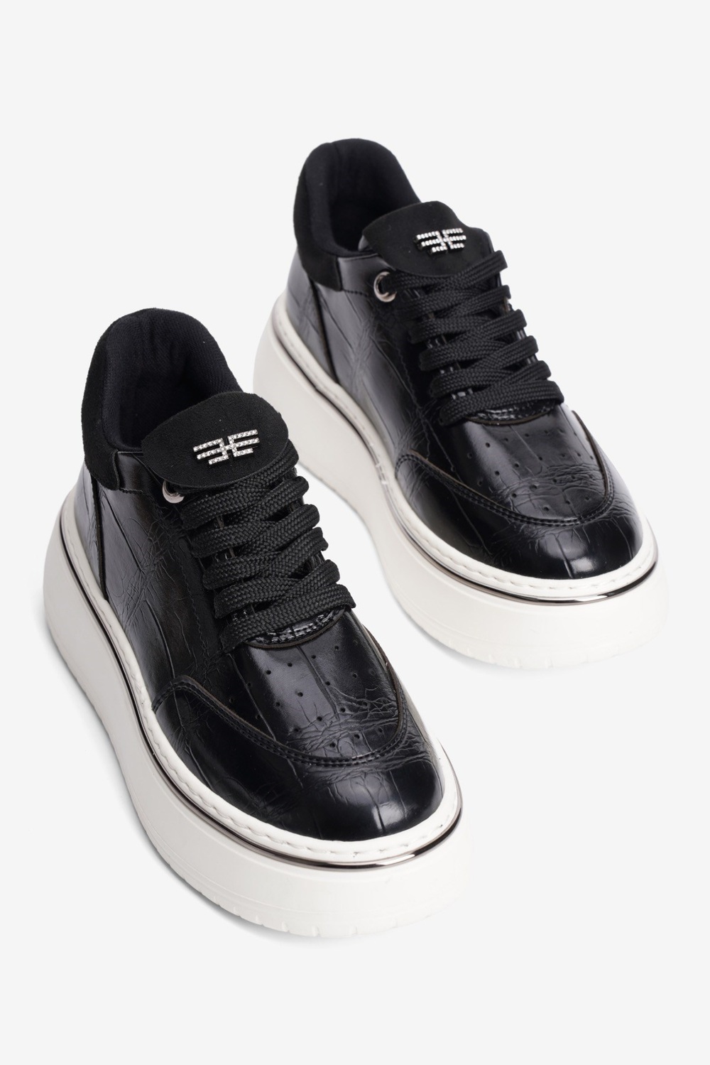 Kadın Kroko Sneaker Süet Detaylı Bağcıklı Kalın Taban Roko Siyah