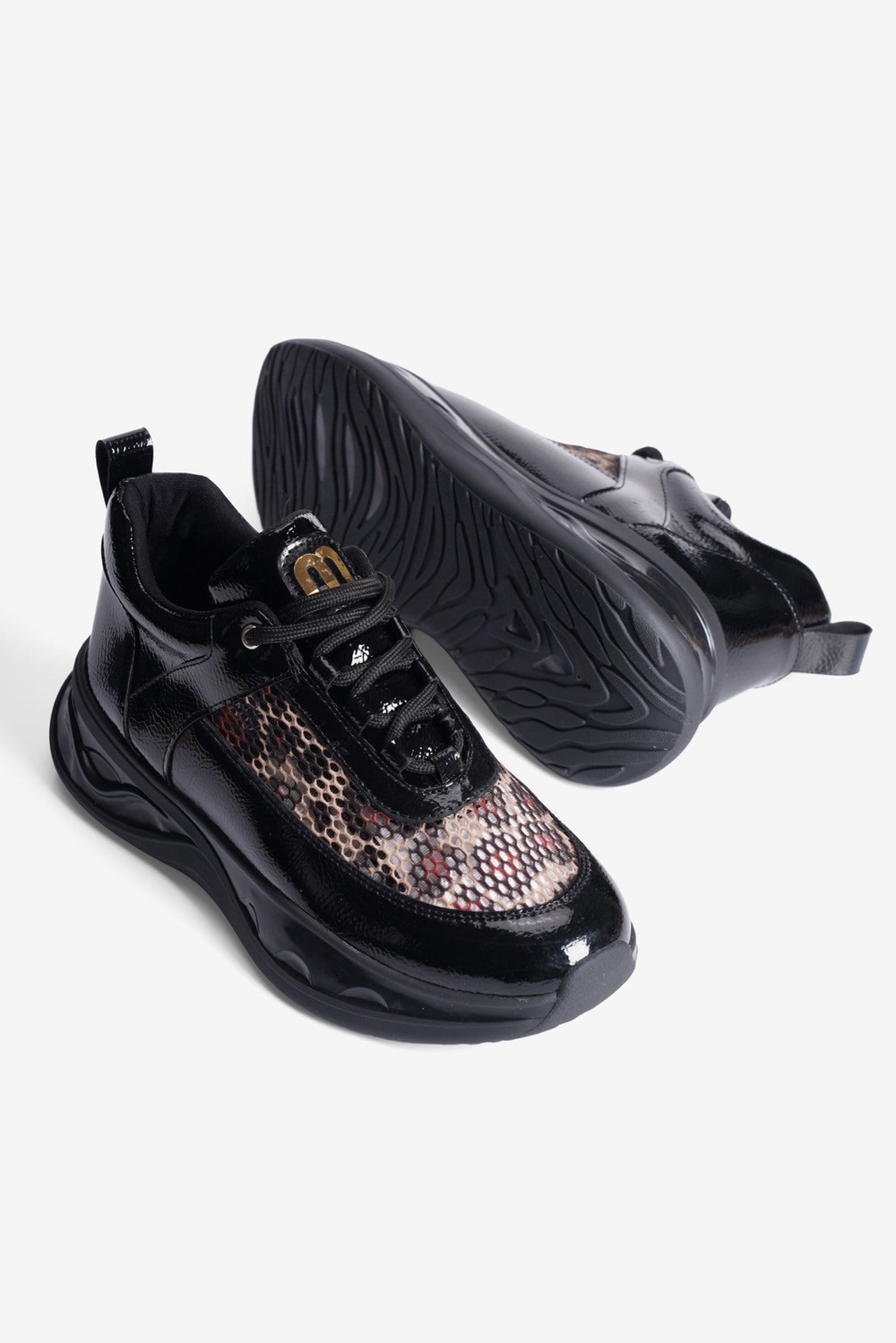 Kadın Rugan Sneaker Leopar File Detaylı Kalın Tabanlı Bağcıklı Marsia Siyah