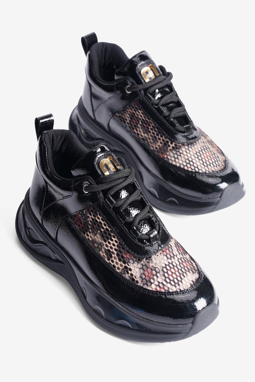 Kadın Rugan Sneaker Leopar File Detaylı Kalın Tabanlı Bağcıklı Marsia Siyah
