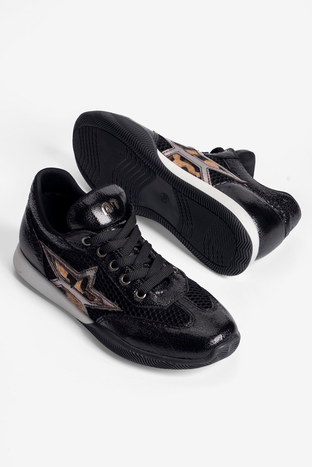 Kadın Sneaker Fileli Rugan Detaylı Leopar Yıldızlı Spor Ayakkabı İlya Siyah
