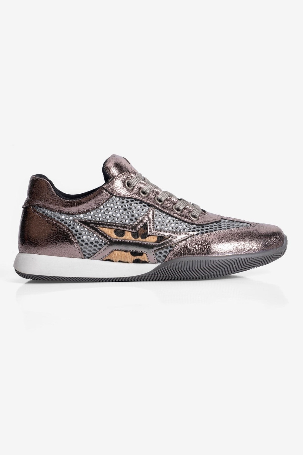 Kadın Sneaker Fileli Rugan Detaylı Leopar Yıldızlı Spor Ayakkabı İlya Platin