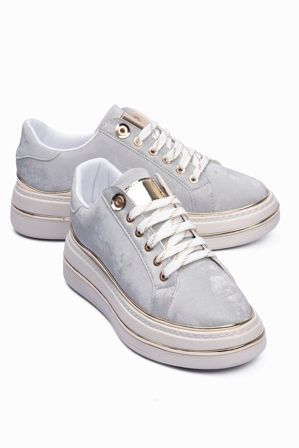 Kadın Sneaker Kadife Desenli Gold Detaylı Kalın Tabanlı Spor Ayakkabı Lilium Gri