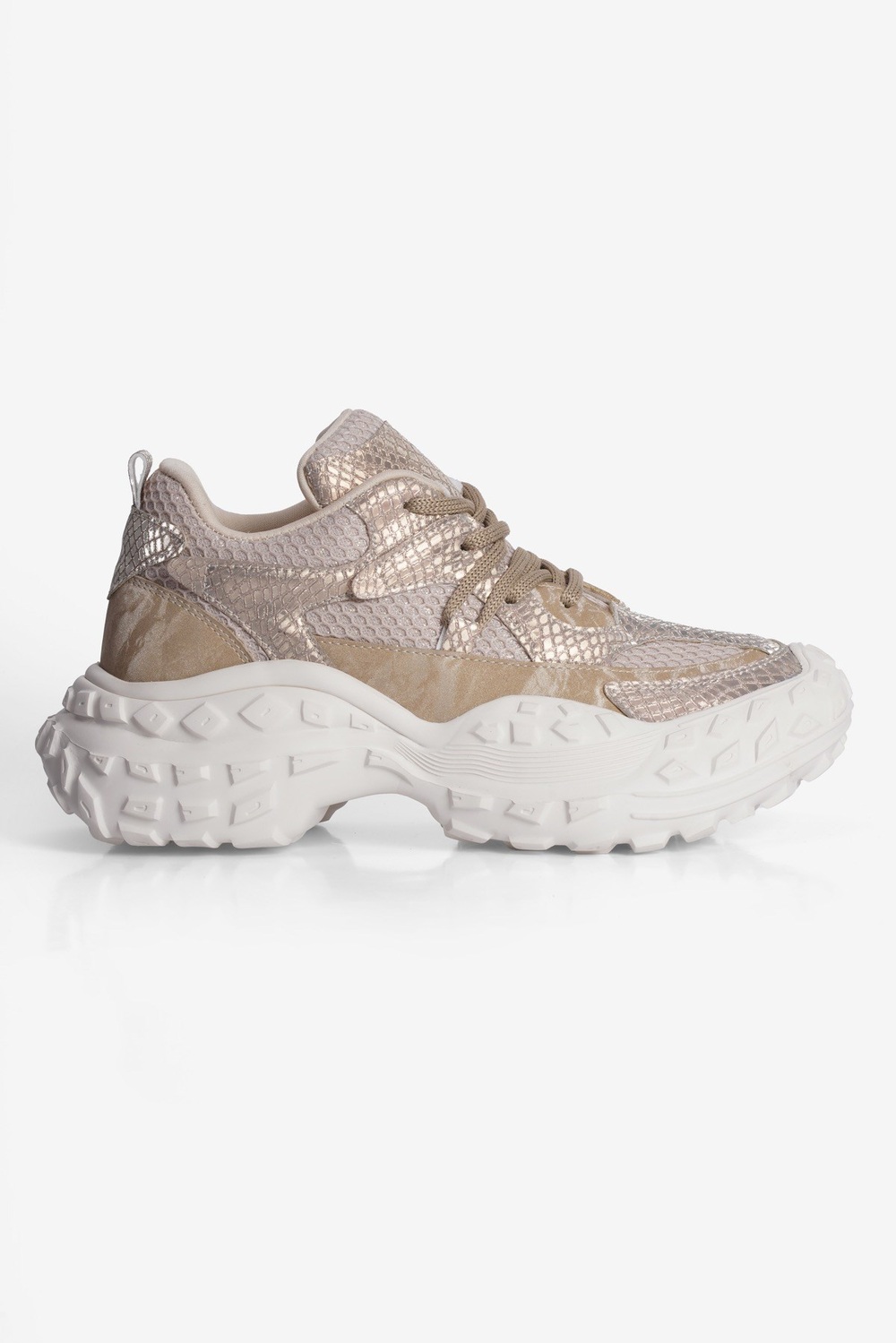 Kadın Sneaker Kalın Taban Gold Yılan Baskı Detaylı Bağcıklı Spor Ayakkabı Stellix Bej