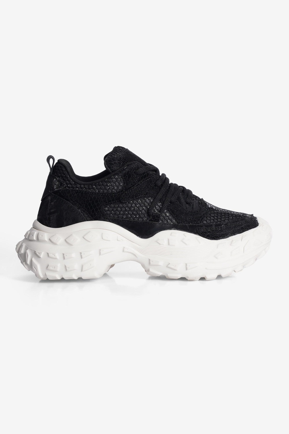 Kadın Sneaker Kalın Taban Yılan Baskı Detaylı Bağcıklı Spor Ayakkabı Stellix Siyah