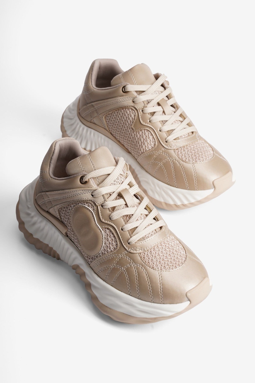 Kadın Sneaker Kalın Tabanlı Bağcıklı Spor Ayakkabı Ravix Bej