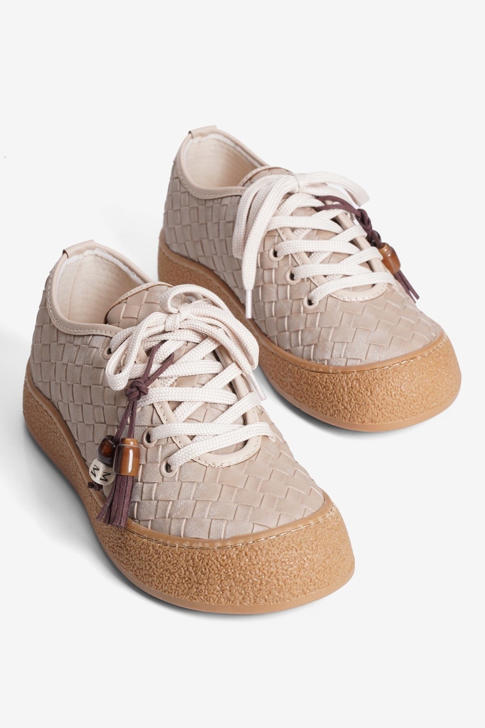 Kadın Sneaker Örgü Desenli Boncuk Püskül Detaylı Besa Bej