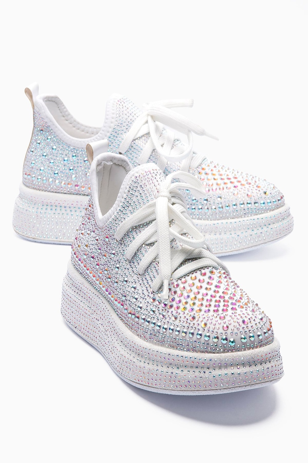 Kadın Sneaker Taş Detaylı Kalın Tabanlı Diamond Beyaz
