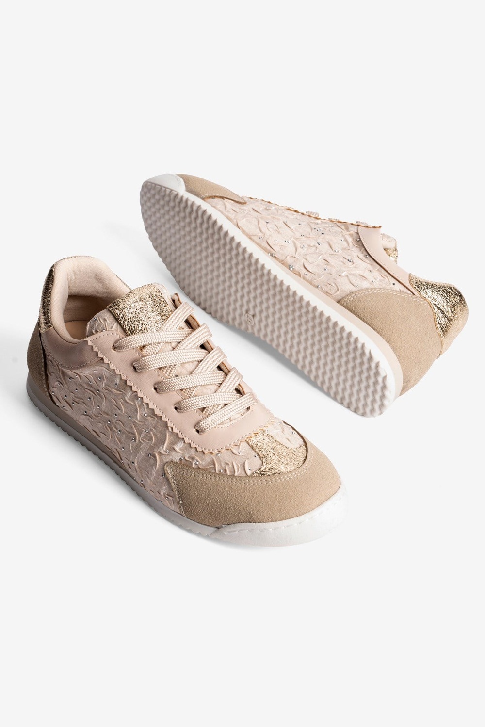 Kadın Sneaker Taşlı Gold Ve Süet Detaylı Bağcıklı Spor Ayakkabı Zireya Bej