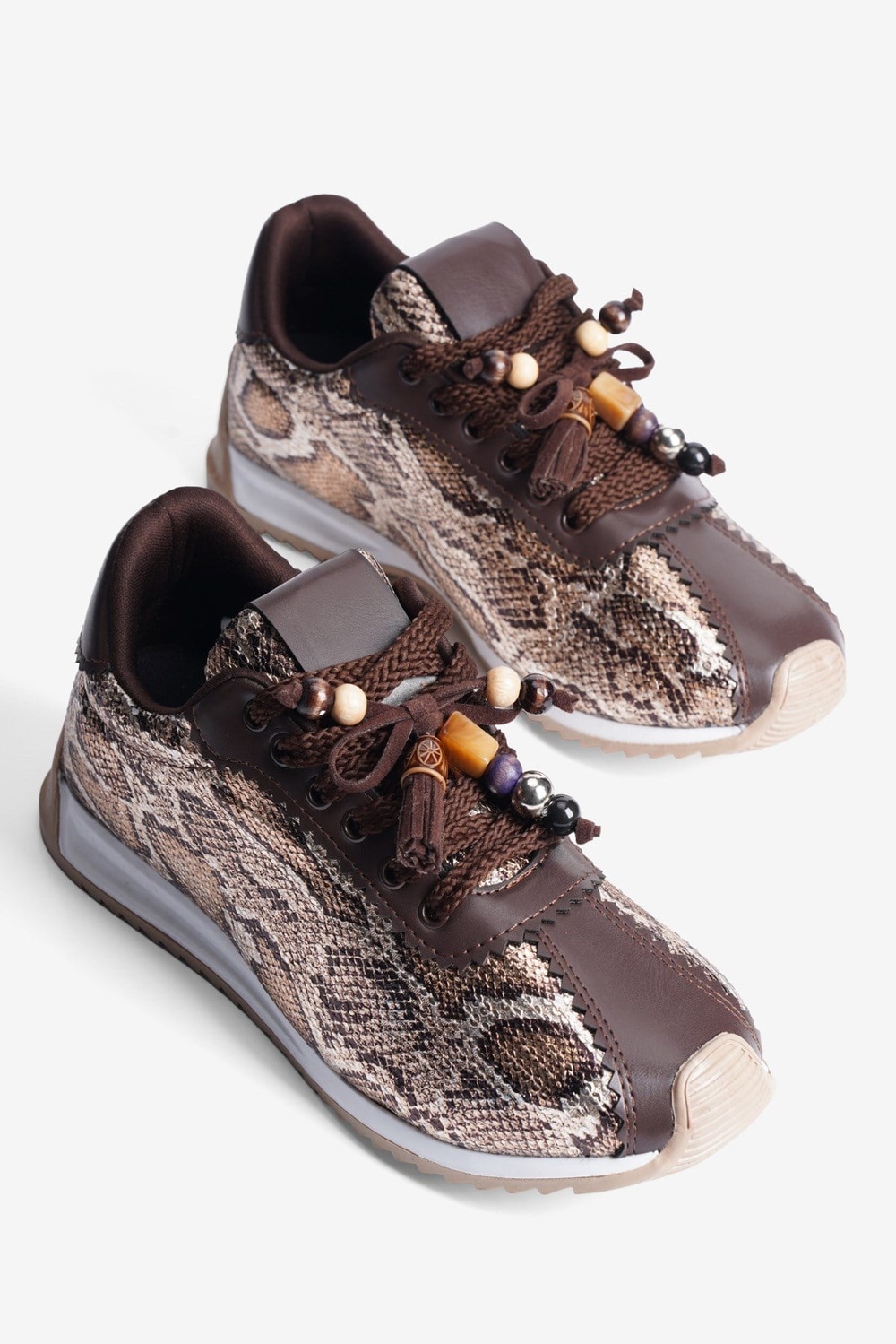 Kadın Sneaker Yılan Desenli Bağcıklı Spor Ayakkabı Veska Kahverengi