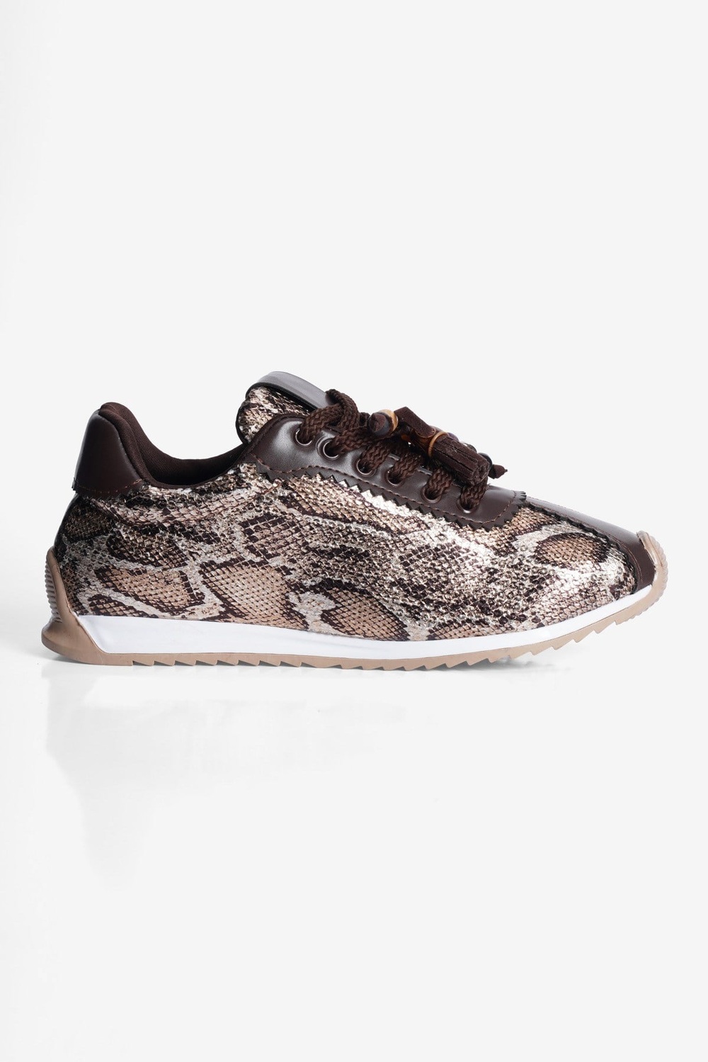Kadın Sneaker Yılan Desenli Bağcıklı Spor Ayakkabı Veska Kahverengi