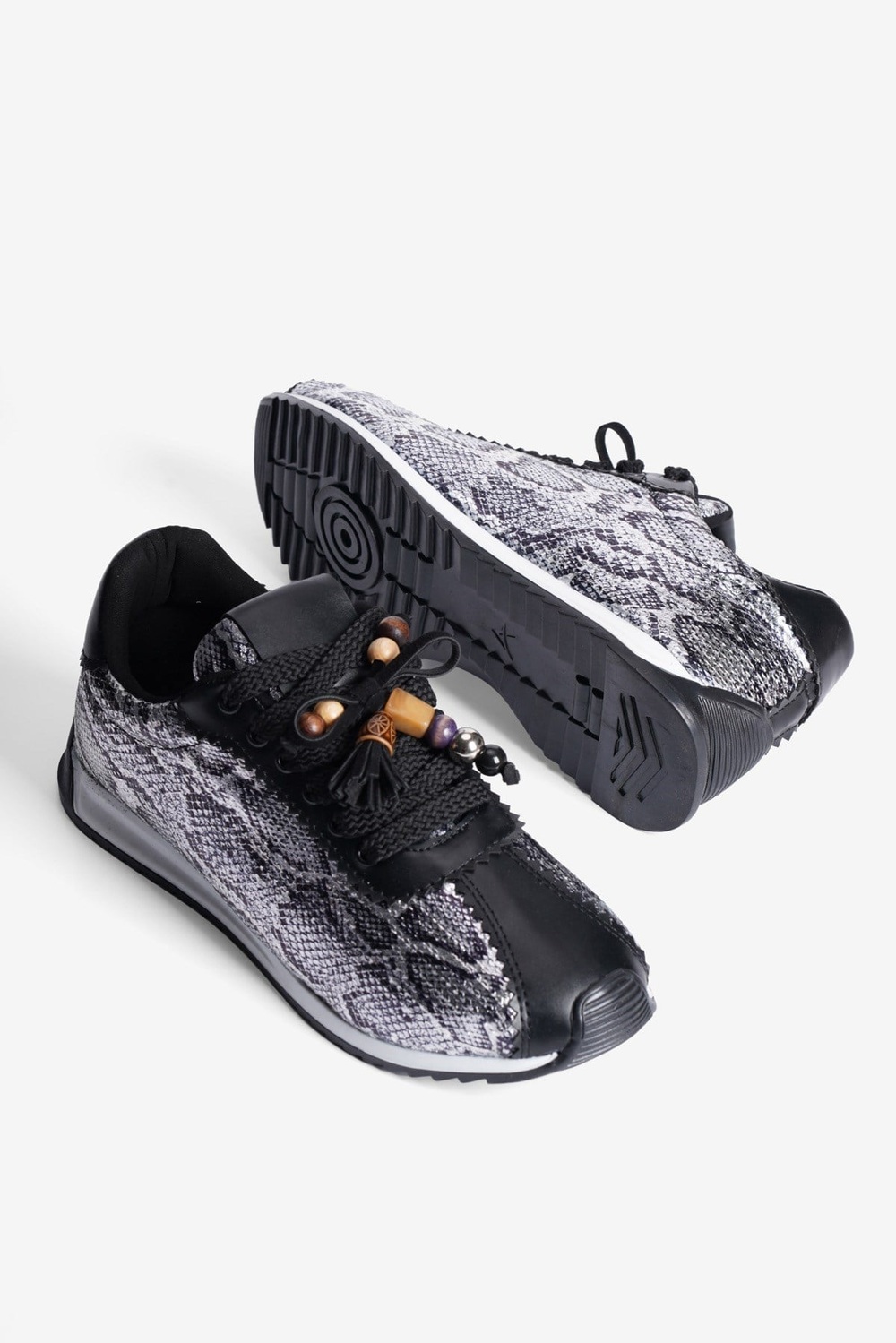 Kadın Sneaker Yılan Desenli Bağcıklı Spor Ayakkabı Veska Siyah